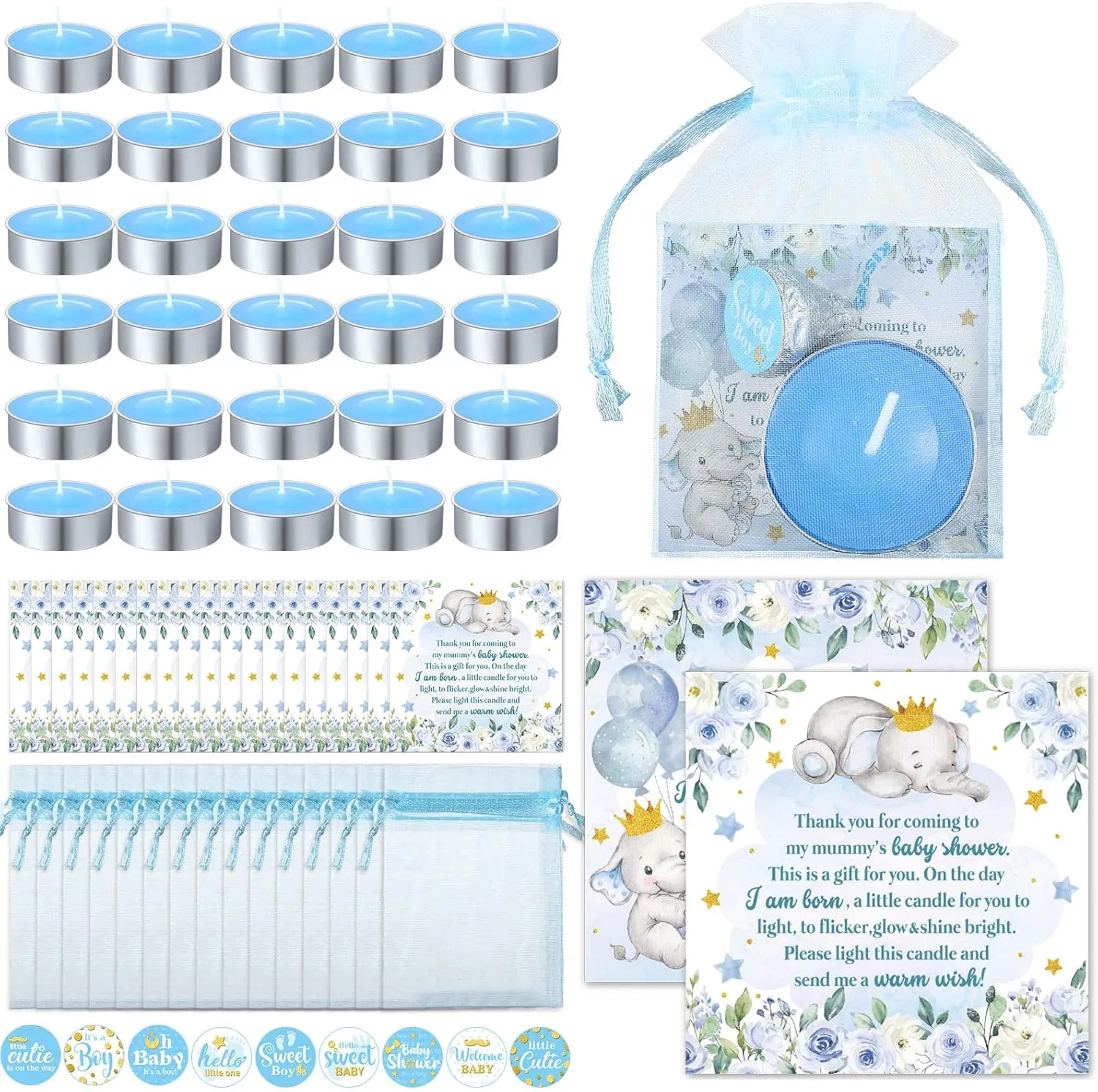 Teling 50 Sets Baby Shower Party Favors Include Baby Shower Tea Light Candle Pink Boy Blue Girl Label Sticker Elephant Thank You Card Organza Bag for Boy Girl Birthday Return Gift Supplies(Blue)