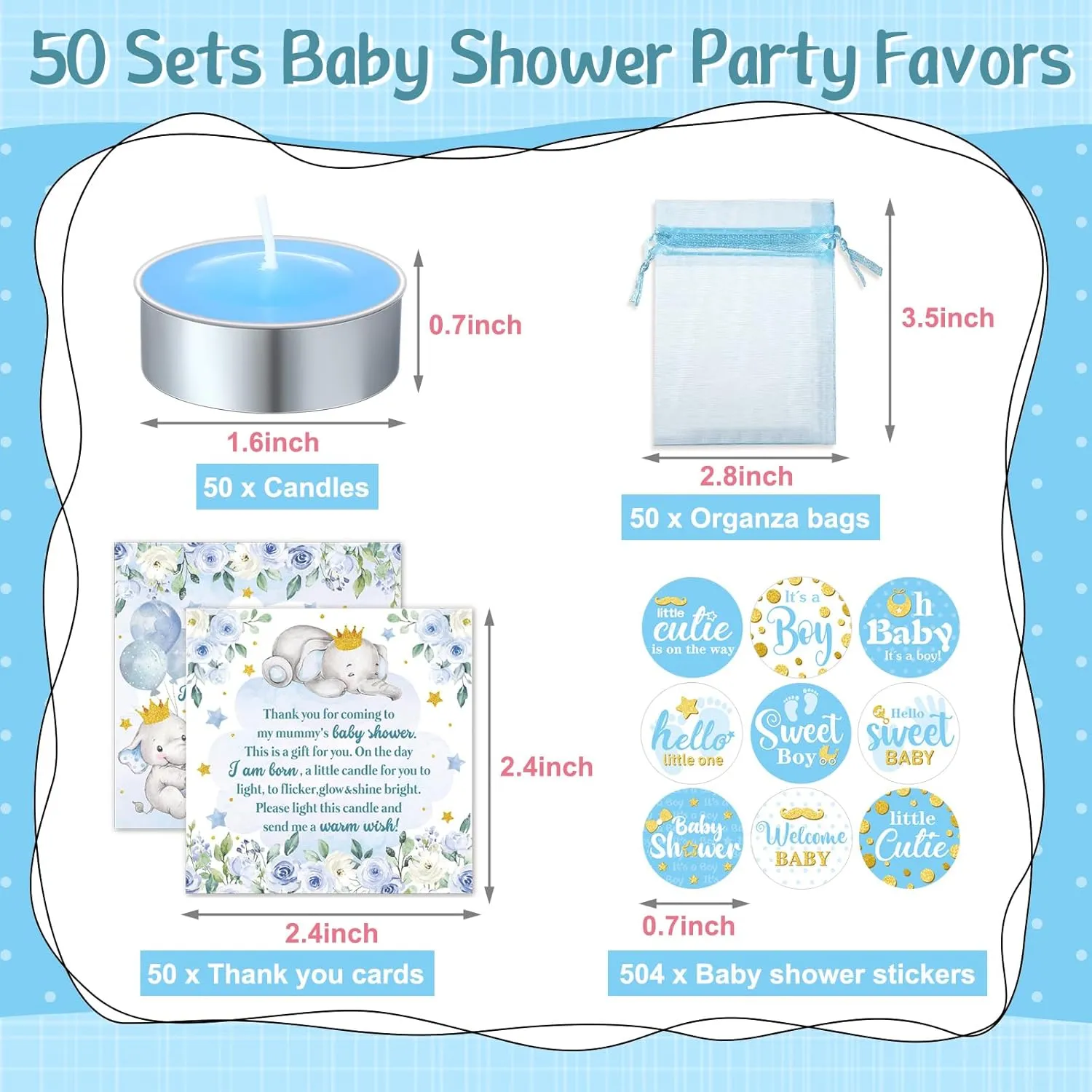 Teling 50 Sets Baby Shower Party Favors Include Baby Shower Tea Light Candle Pink Boy Blue Girl Label Sticker Elephant Thank You Card Organza Bag for Boy Girl Birthday Return Gift Supplies(Blue)