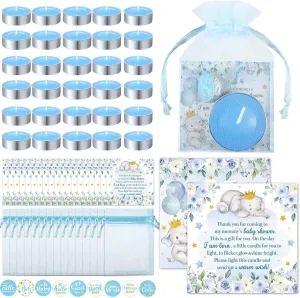 Teling 50 Sets Baby Shower Party Favors Include Baby Shower Tea Light Candle Pink Boy Blue Girl Label Sticker Elephant Thank You Card Organza Bag for Boy Girl Birthday Return Gift Supplies(Blue)