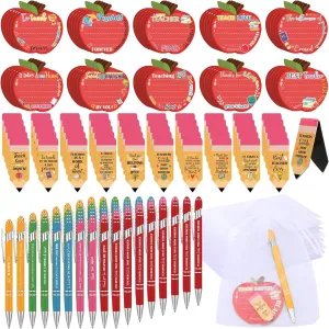 Tenceur 200 Pcs Teacher Appreciation Gifts Set Back to School Include 50 Pencil Shape Bookmarks 50 Apple Sticky Notes 50 Ballpoint Pens with Stylus Tip 50 White Organza Bags Gift for Teachers Party
