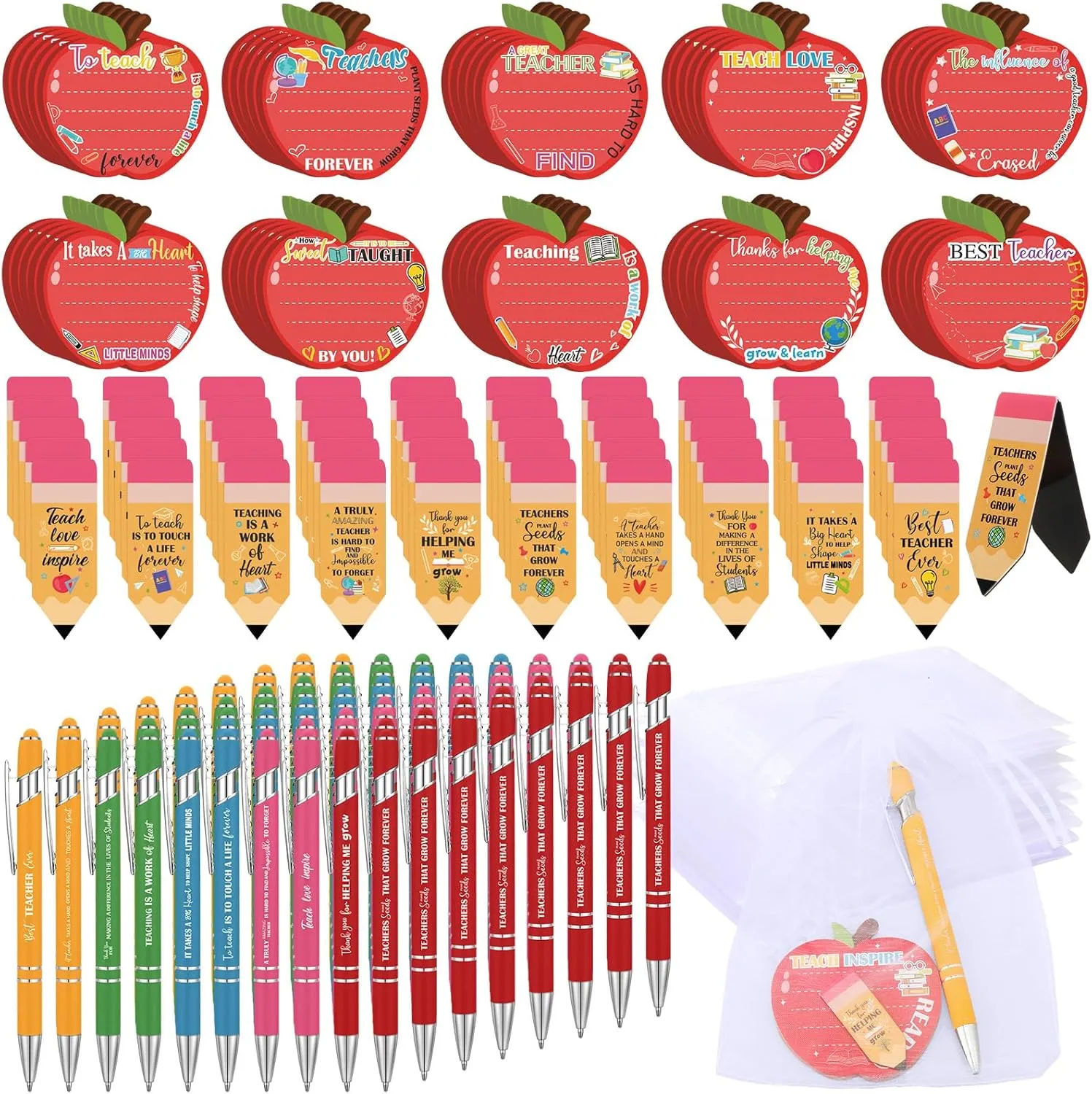Tenceur 200 Pcs Teacher Appreciation Gifts Set Back to School Include 50 Pencil Shape Bookmarks 50 Apple Sticky Notes 50 Ballpoint Pens with Stylus Tip 50 White Organza Bags Gift for Teachers Party