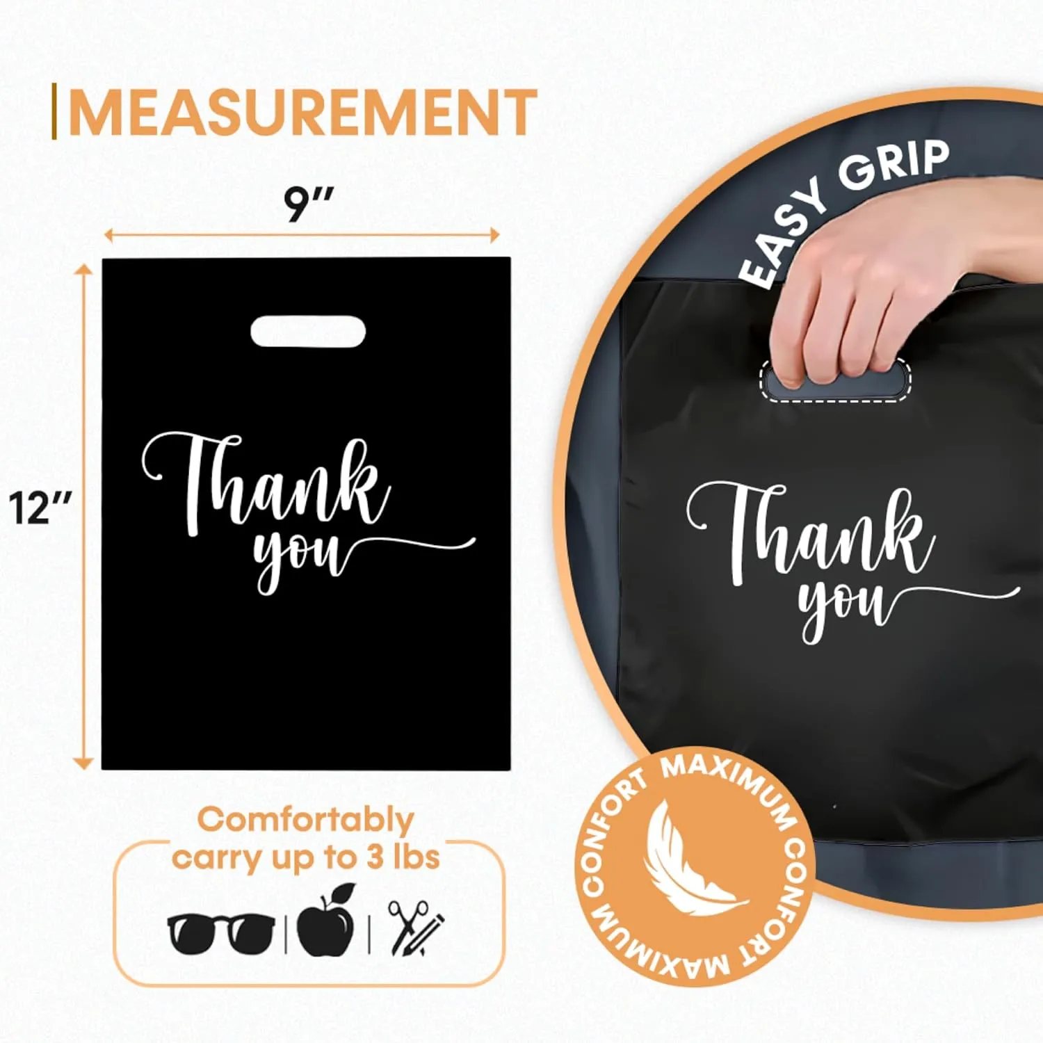 THANK YOU MERCHANDISE STORE BAGS, different sizes 9"x12", 12"x15", 15"x18" 1.25 Mil. PACKS of 100/200/500 Retail Product Bags I 100% Recyclable (9x12", Black, 100)