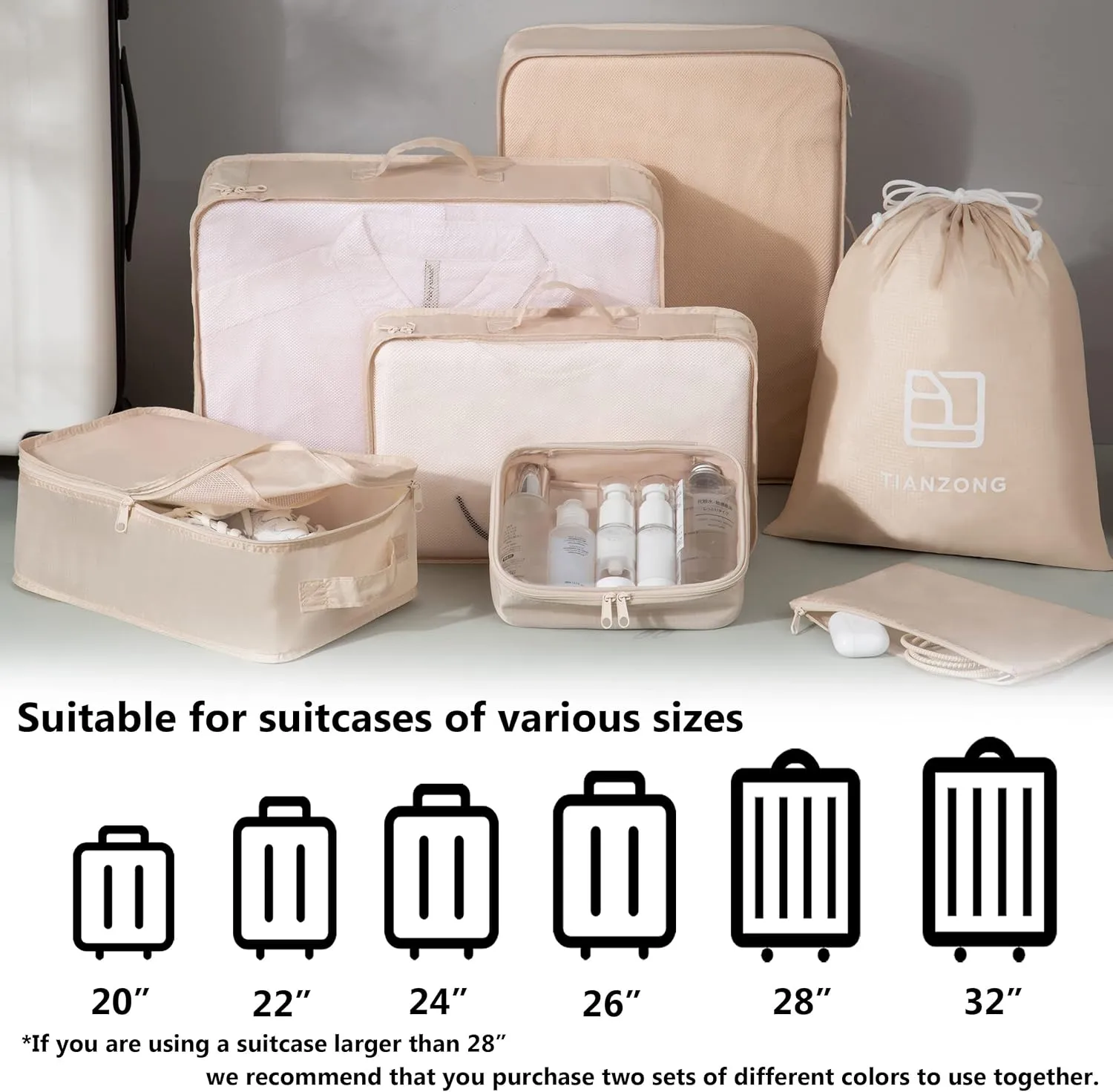 TianZong 7-piece Set Packing Cubes, Travel Bags for Luggage, Packing Organizers with Shoe Bag (Beige with a Toiletry Bag)