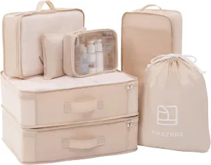 TianZong 7-piece Set Packing Cubes, Travel Bags for Luggage, Packing Organizers with Shoe Bag (Beige with a Toiletry Bag)