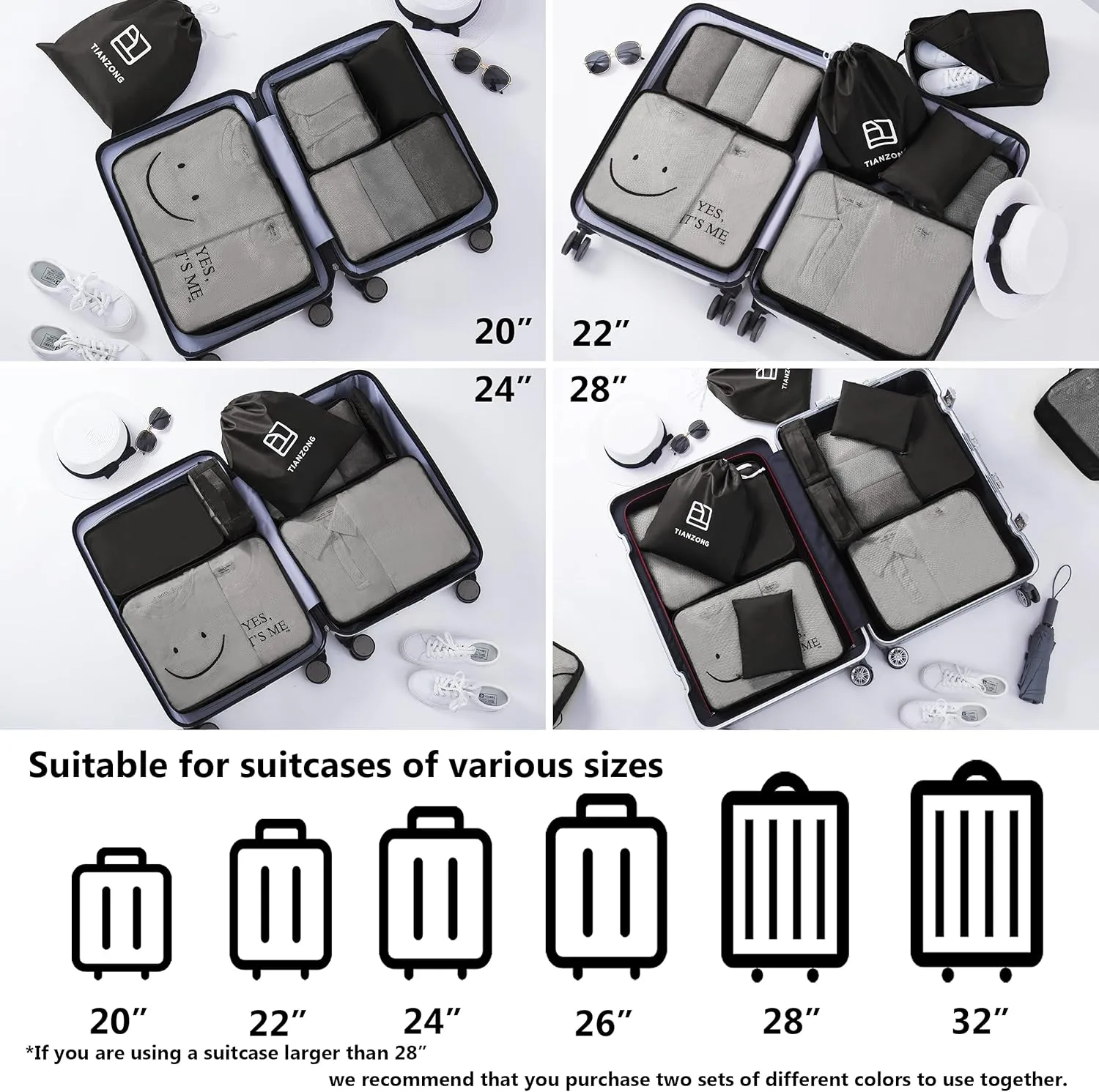 TianZong 7-piece Set Packing Cubes, Travel Bags for Luggage, Packing Organizers with Shoe Bag (Black)