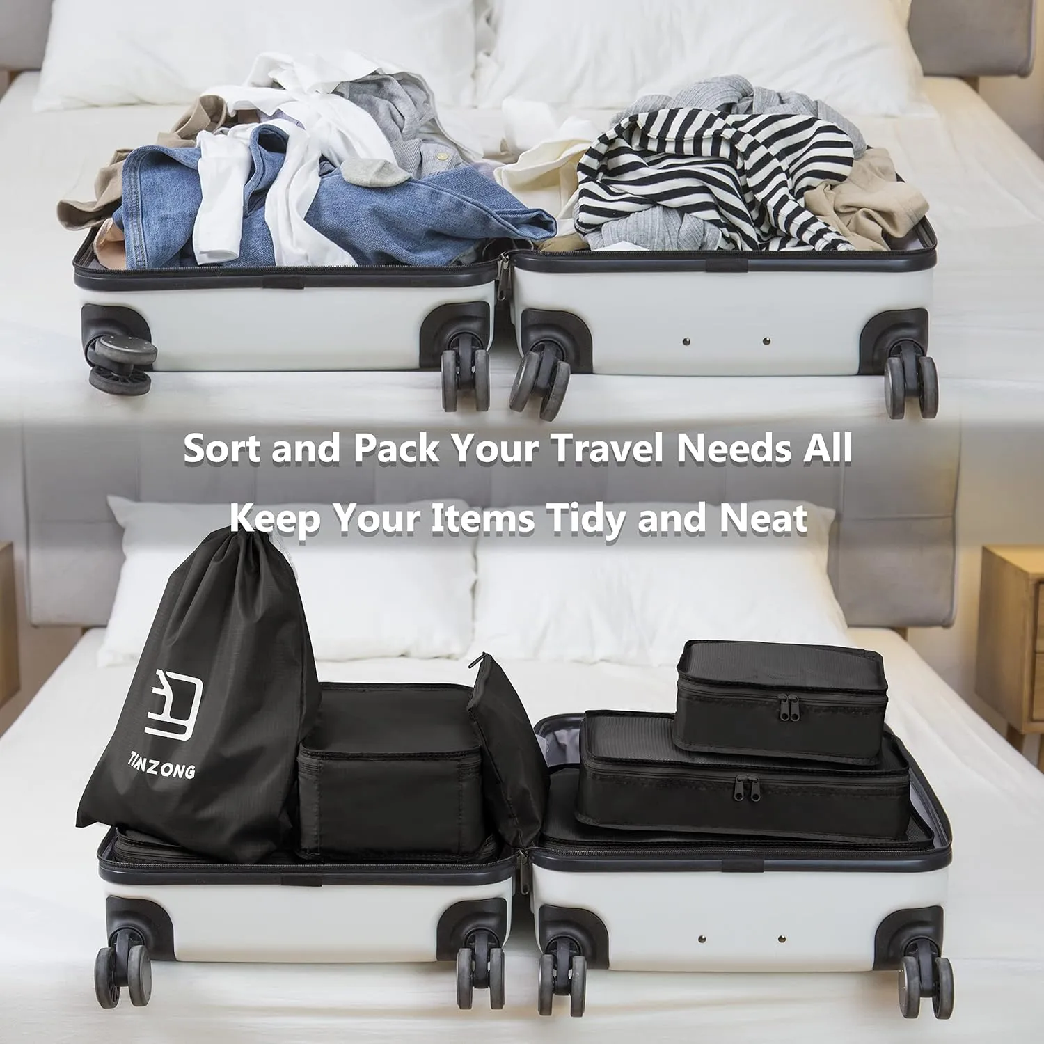 TianZong 7-piece Set Packing Cubes, Travel Bags for Luggage, Packing Organizers with Shoe Bag (Black)