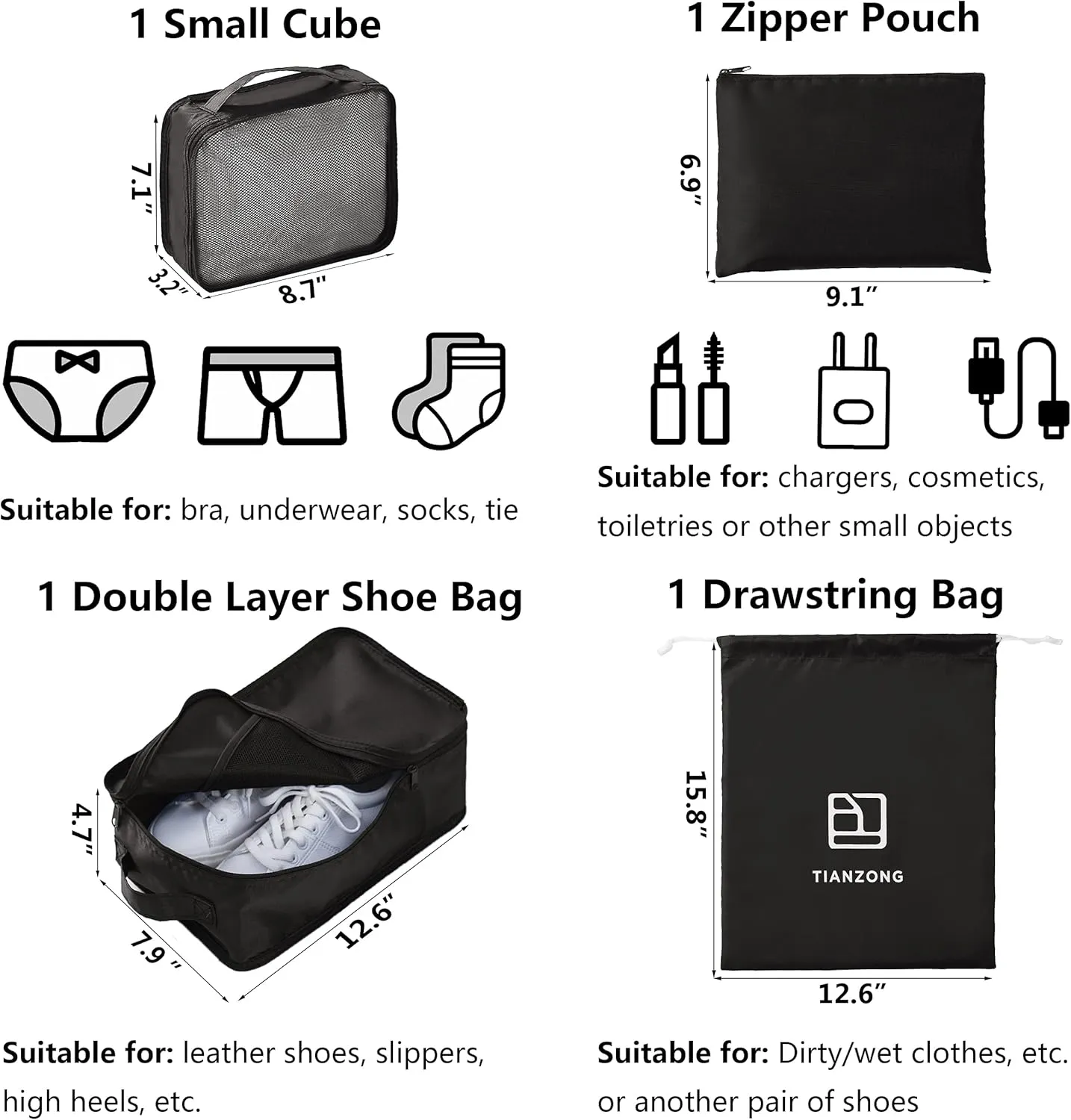 TianZong 7-piece Set Packing Cubes, Travel Bags for Luggage, Packing Organizers with Shoe Bag (Black)