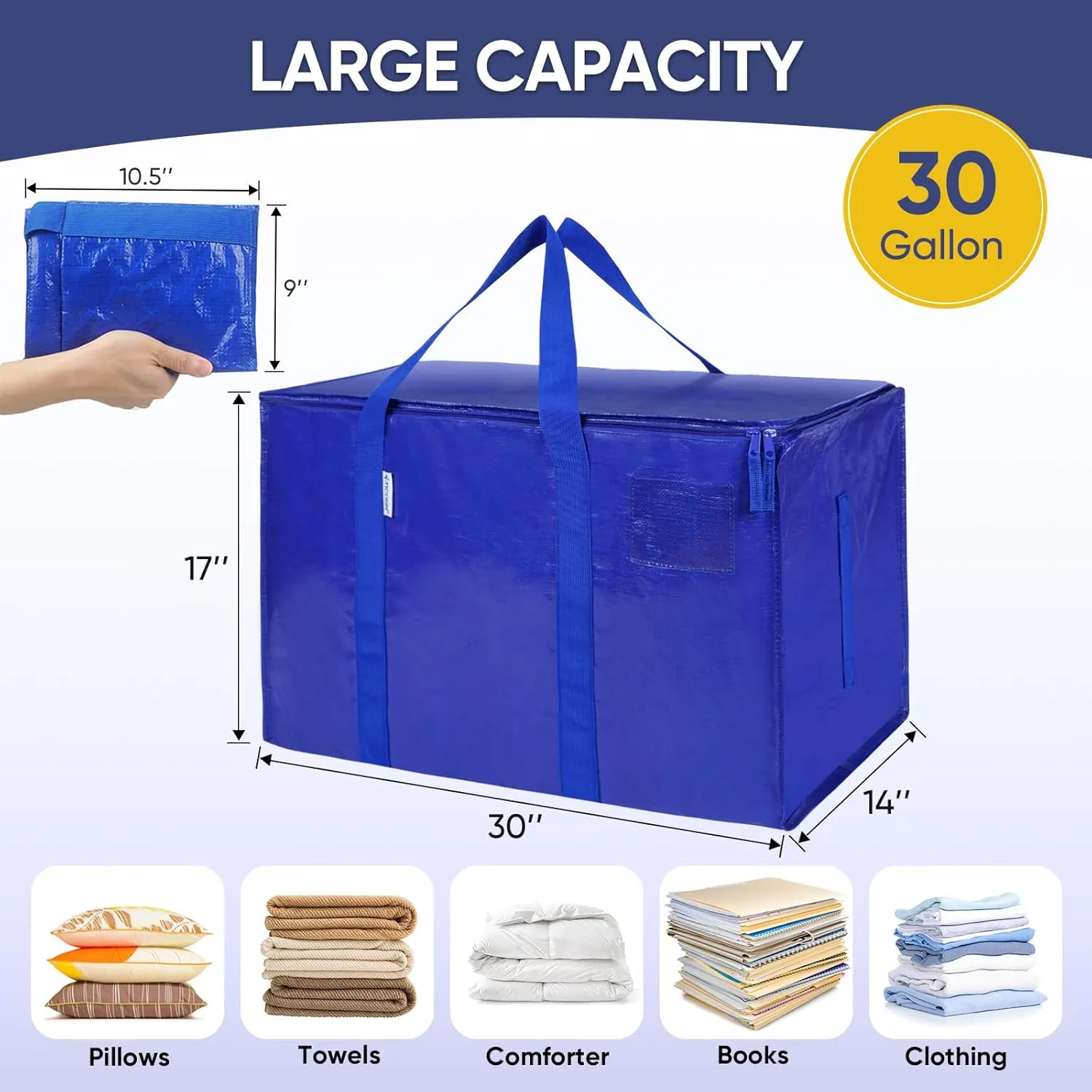 TICONN 2 Pack Extra Large Moving Bags with Zippers & Carrying Handles, Heavy-Duty Storage Tote Moving Boxes for Space Saving (2 PK, 30 Gallon)