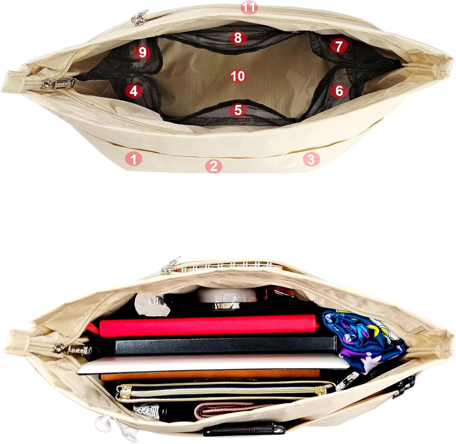 Time Wing Handbag Tote Purse Organizer Insert Bag Liner Shaper Divider Zipper 11 Pockets Compartments Large Beige