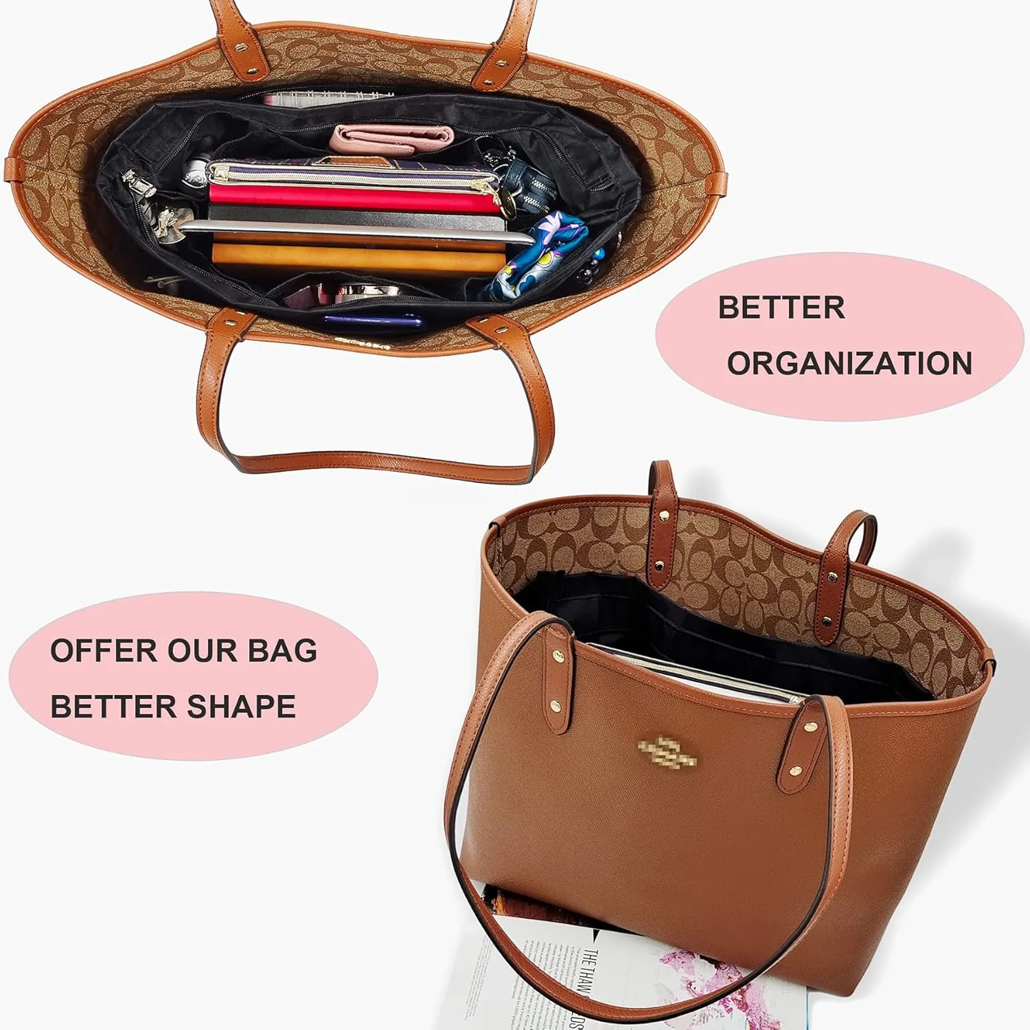 Time Wing Handbag Tote Purse Organizer Insert Bag Liner Shaper Divider Zipper 11 Pockets Compartments Large Black