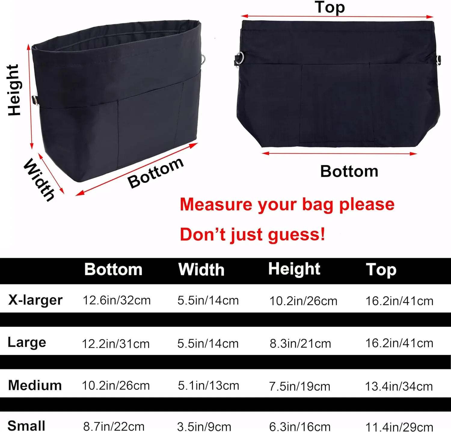 Time Wing Handbag Tote Purse Organizer Insert Bag Liner Shaper Divider Zipper 11 Pockets Compartments Large Black