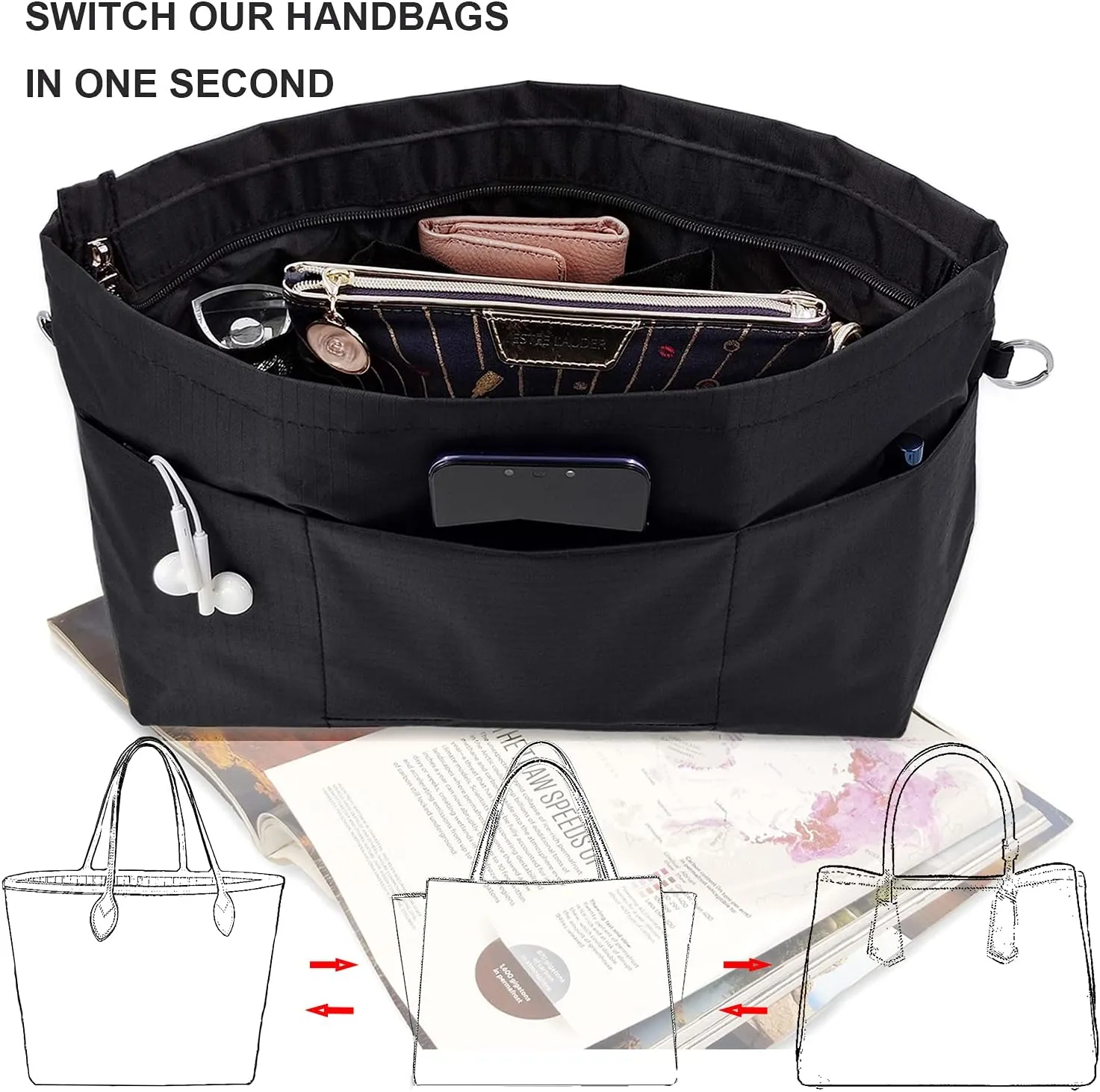 Time Wing Handbag Tote Purse Organizer Insert Bag Liner Shaper Divider Zipper 11 Pockets Compartments Large Black