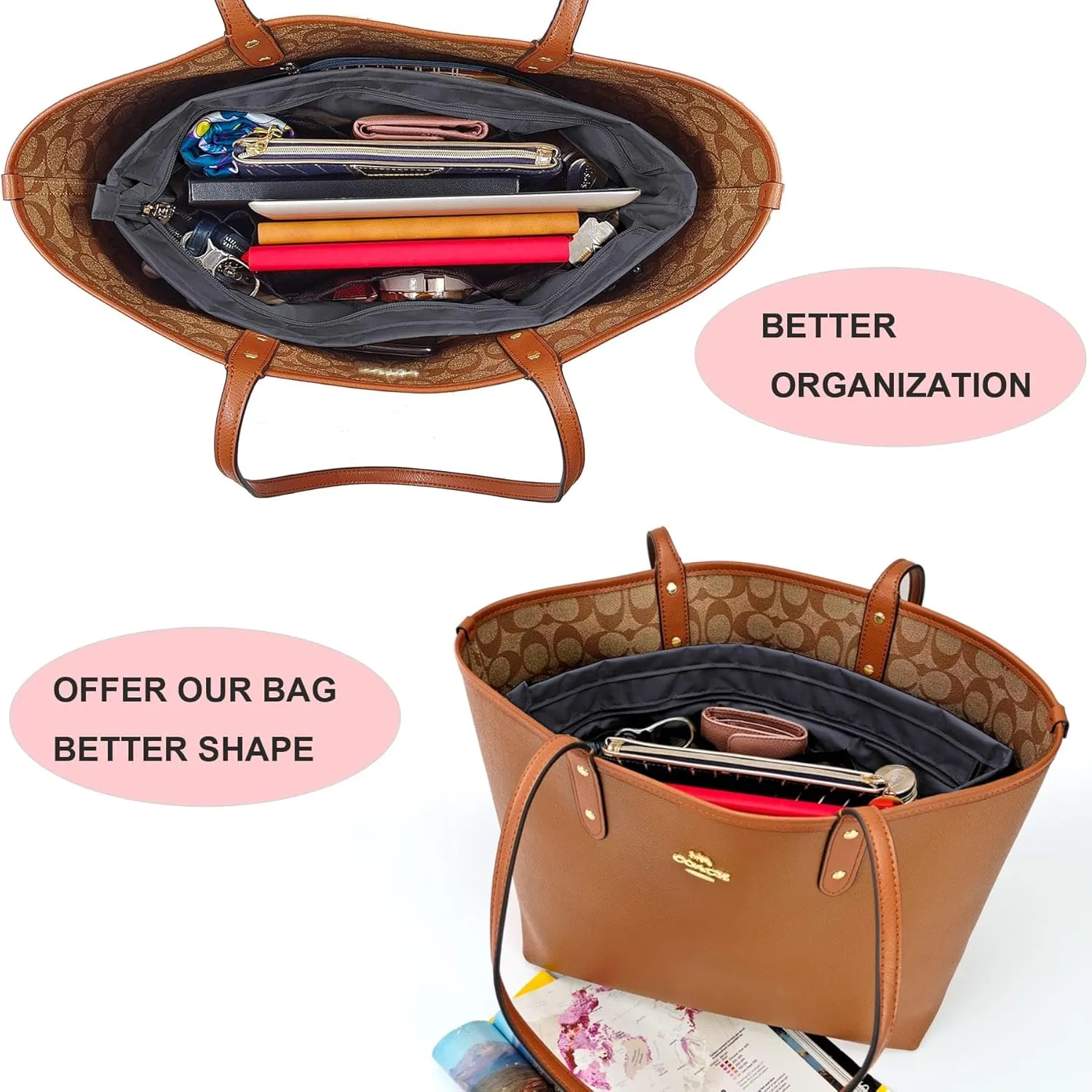 Time Wing Handbag Tote Purse Organizer Insert Bag Liner Shaper Divider Zipper 11 Pockets Compartments Large Dark Grey