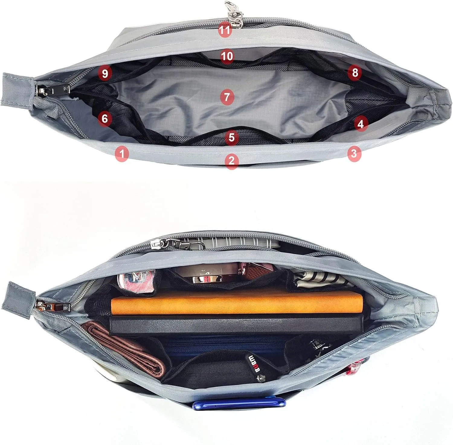 Time Wing Handbag Tote Purse Organizer Insert Bag Liner Shaper Divider Zipper 11 Pockets Compartments Large Grey