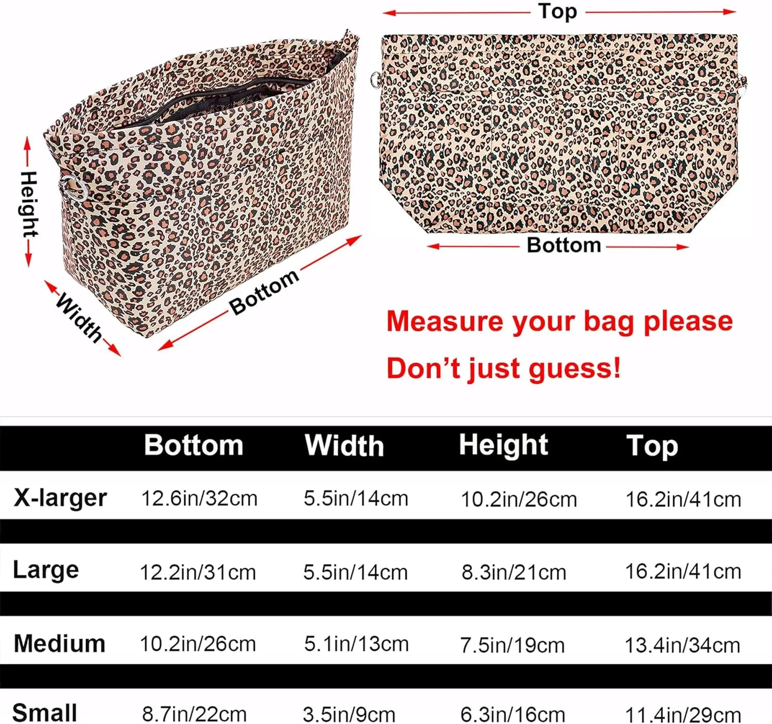 Time Wing Handbag Tote Purse Organizer Insert Bag Liner Shaper Divider Zipper 11 Pockets Compartments Large Leopard