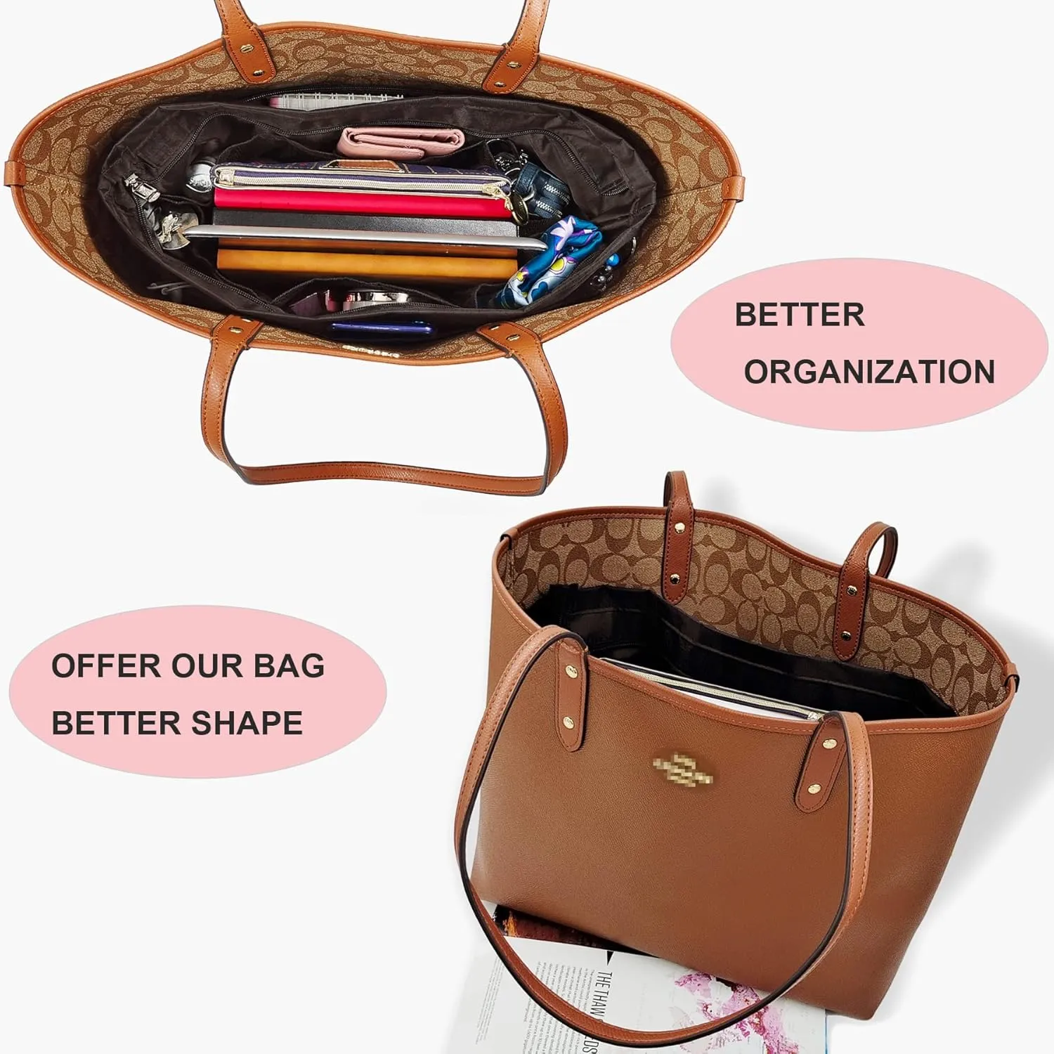 Time Wing Handbag Tote Purse Organizer Insert Bag Liner Shaper Divider Zipper 11 Pockets Compartments Medium Coffee