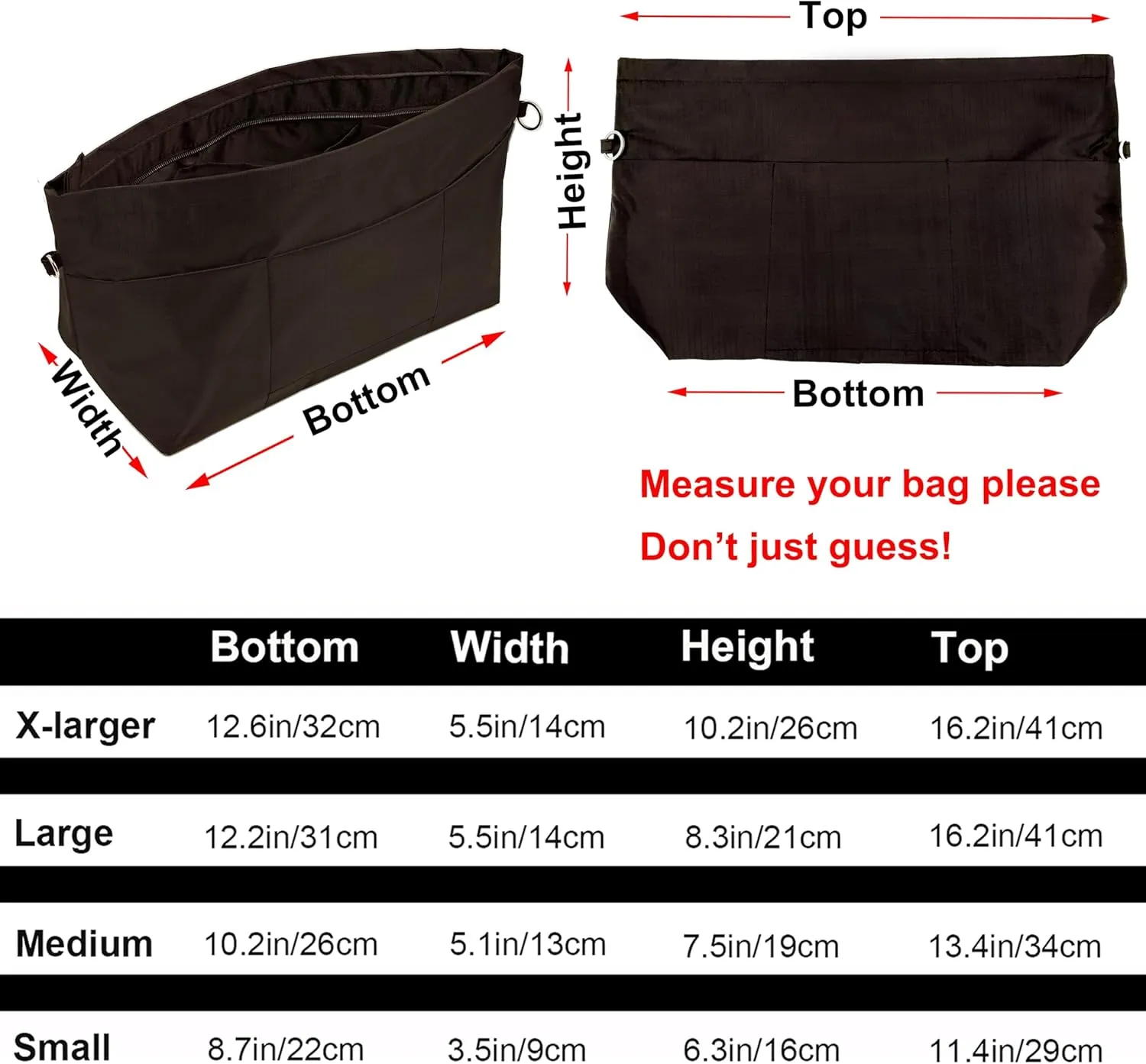 Time Wing Handbag Tote Purse Organizer Insert Bag Liner Shaper Divider Zipper 11 Pockets Compartments Medium Coffee