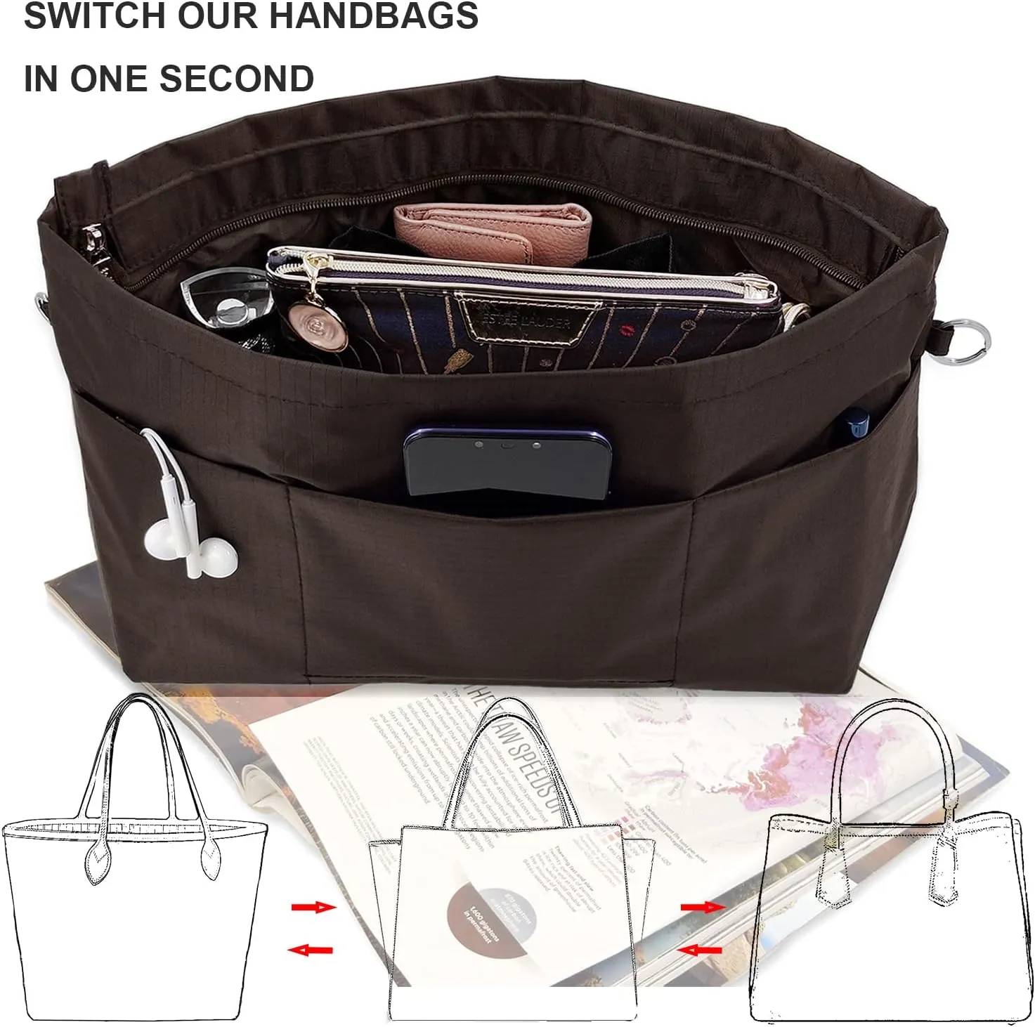 Time Wing Handbag Tote Purse Organizer Insert Bag Liner Shaper Divider Zipper 11 Pockets Compartments Medium Coffee