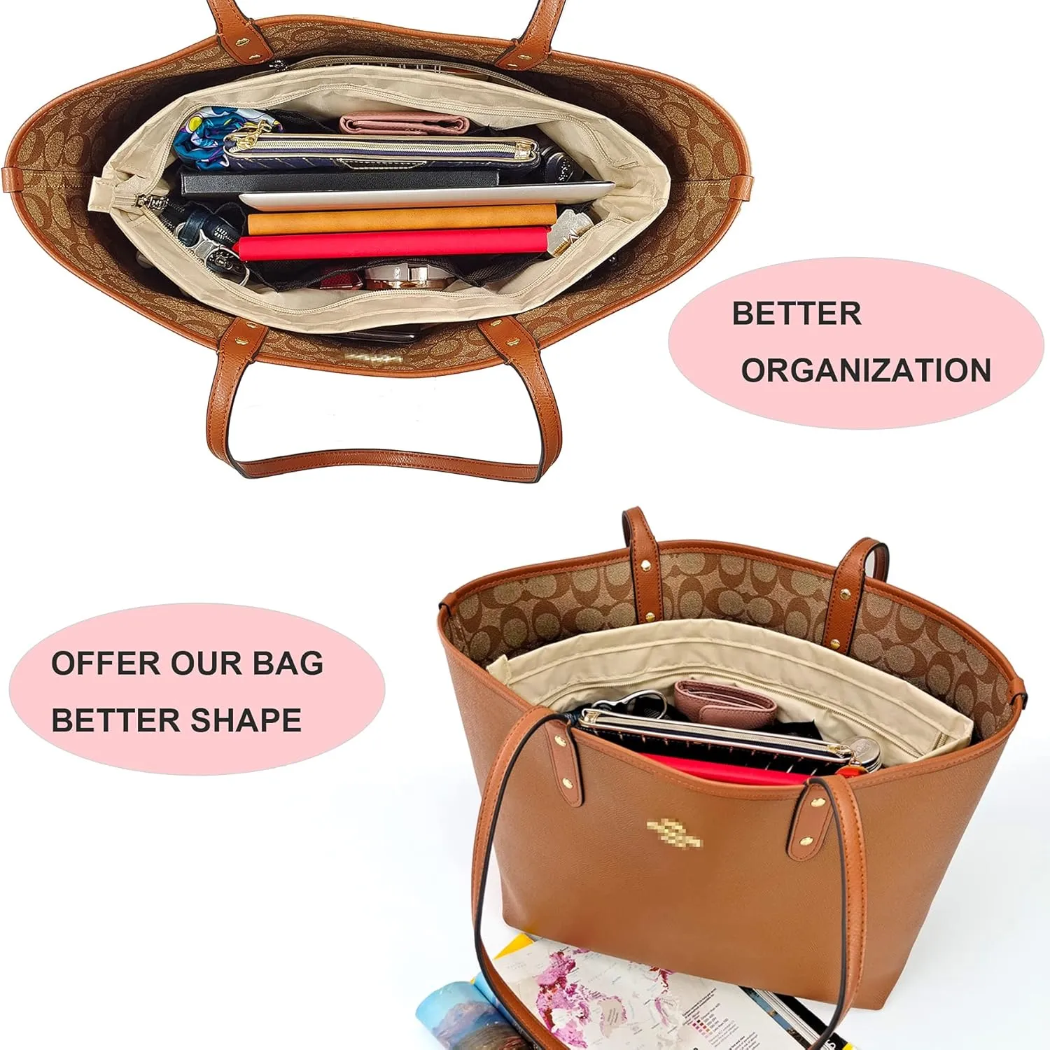 Time Wing Handbag Tote Purse Organizer Insert Bag Liner Shaper Divider Zipper 11 Pockets Compartments Small Beige