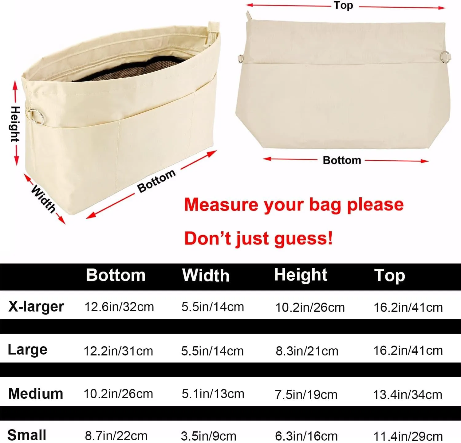 Time Wing Handbag Tote Purse Organizer Insert Bag Liner Shaper Divider Zipper 11 Pockets Compartments Small Beige