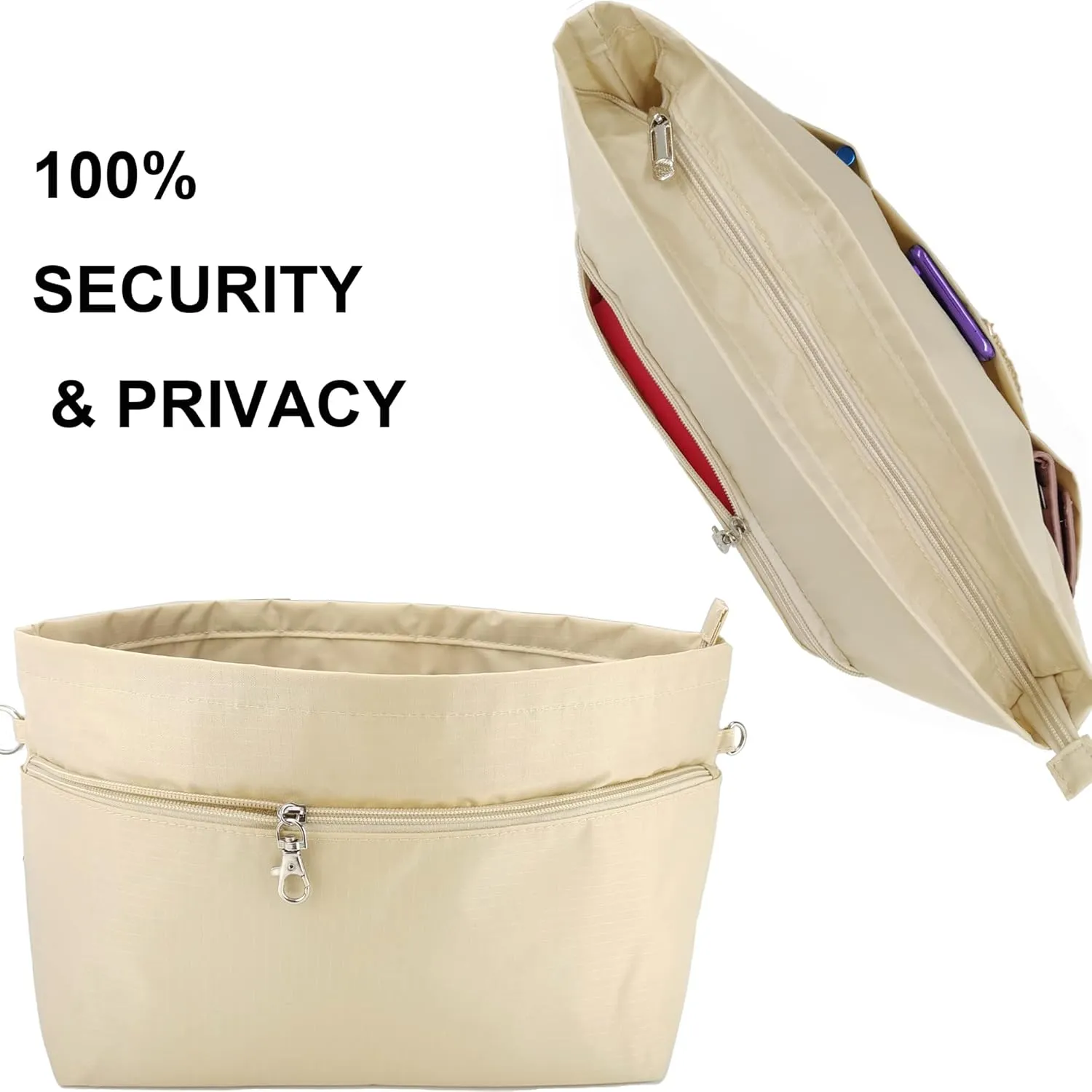 Time Wing Handbag Tote Purse Organizer Insert Bag Liner Shaper Divider Zipper 11 Pockets Compartments Small Beige