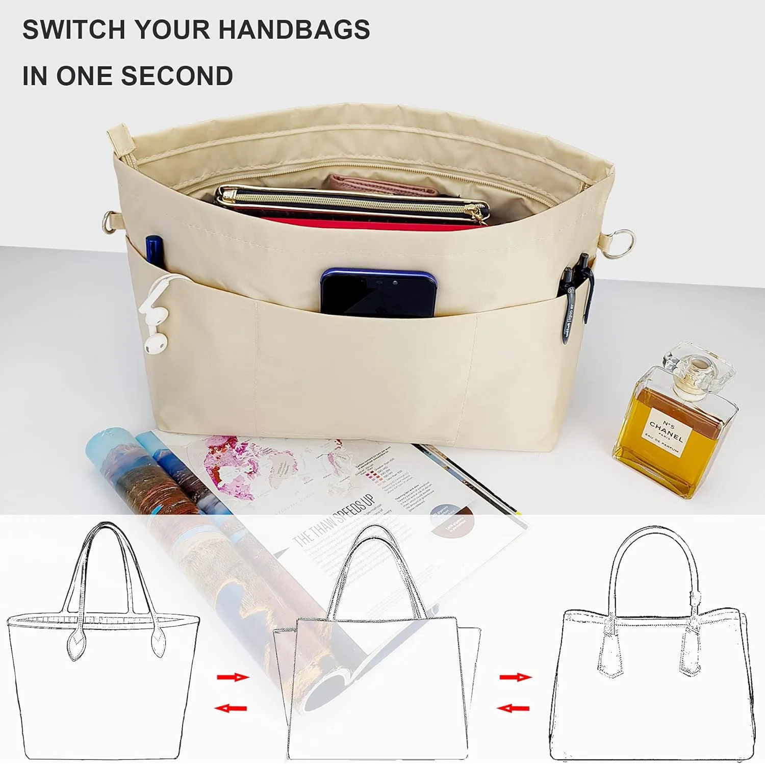 Time Wing Handbag Tote Purse Organizer Insert Bag Liner Shaper Divider Zipper 11 Pockets Compartments Small Beige