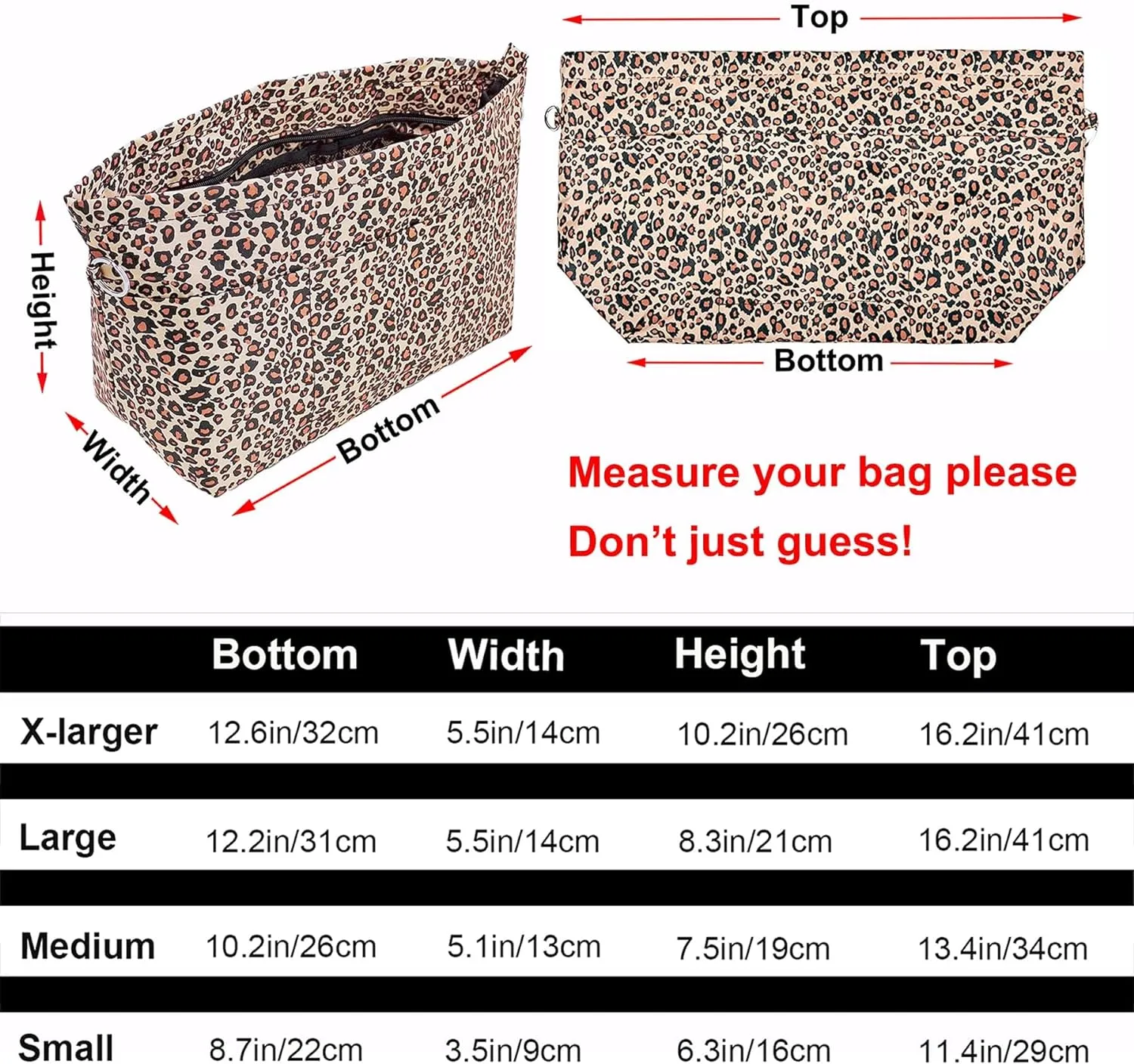 Time Wing Handbag Tote Purse Organizer Insert Bag Liner Shaper Divider Zipper 11 Pockets Compartments Small Leopard