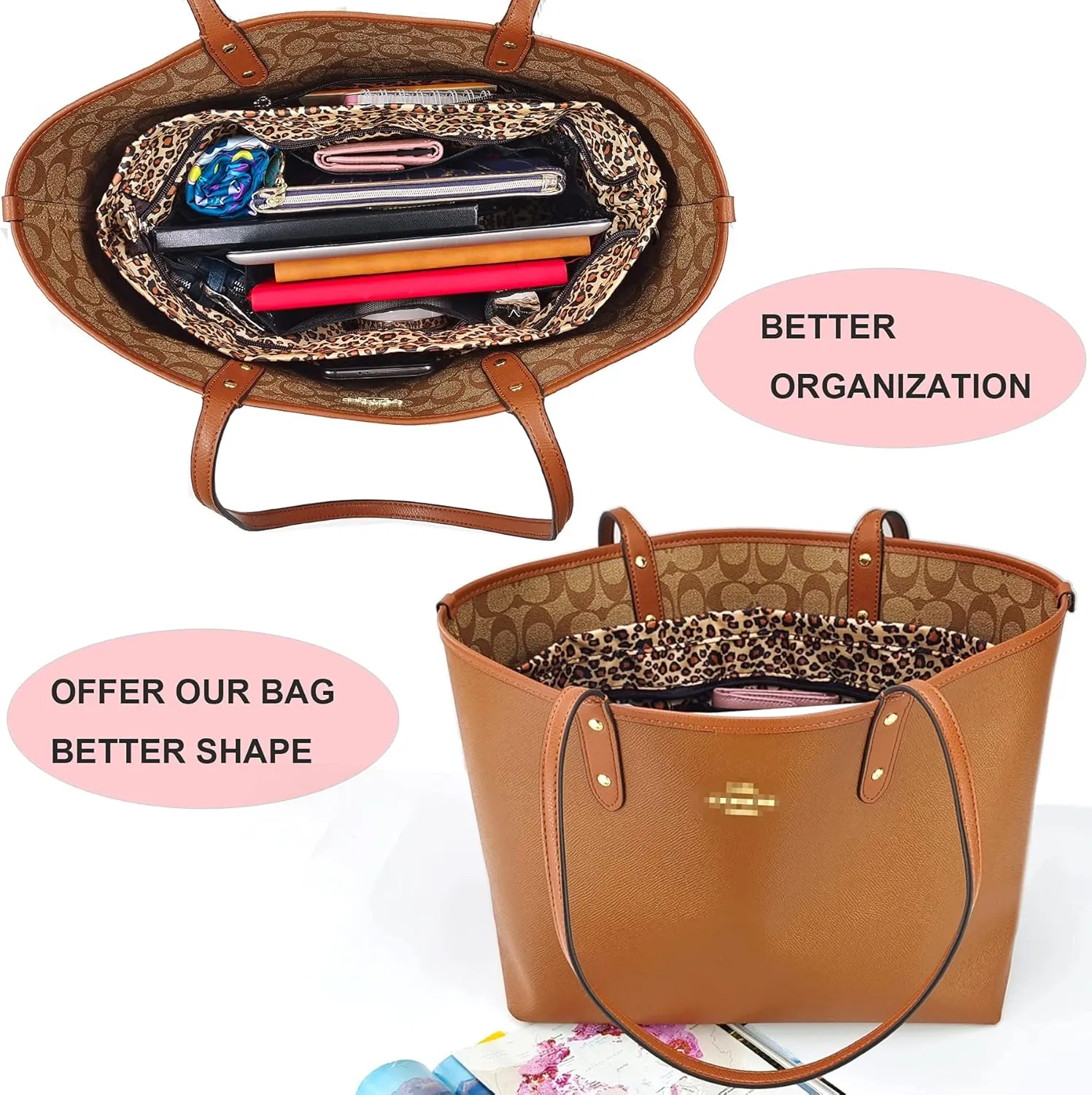 Time Wing Handbag Tote Purse Organizer Insert Bag Liner Shaper Divider Zipper 11 Pockets Compartments Small Leopard