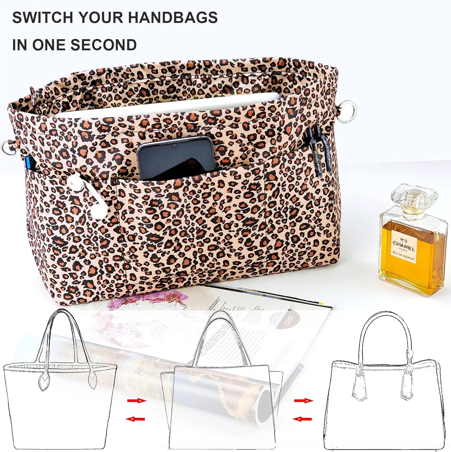 Time Wing Handbag Tote Purse Organizer Insert Bag Liner Shaper Divider Zipper 11 Pockets Compartments Small Leopard