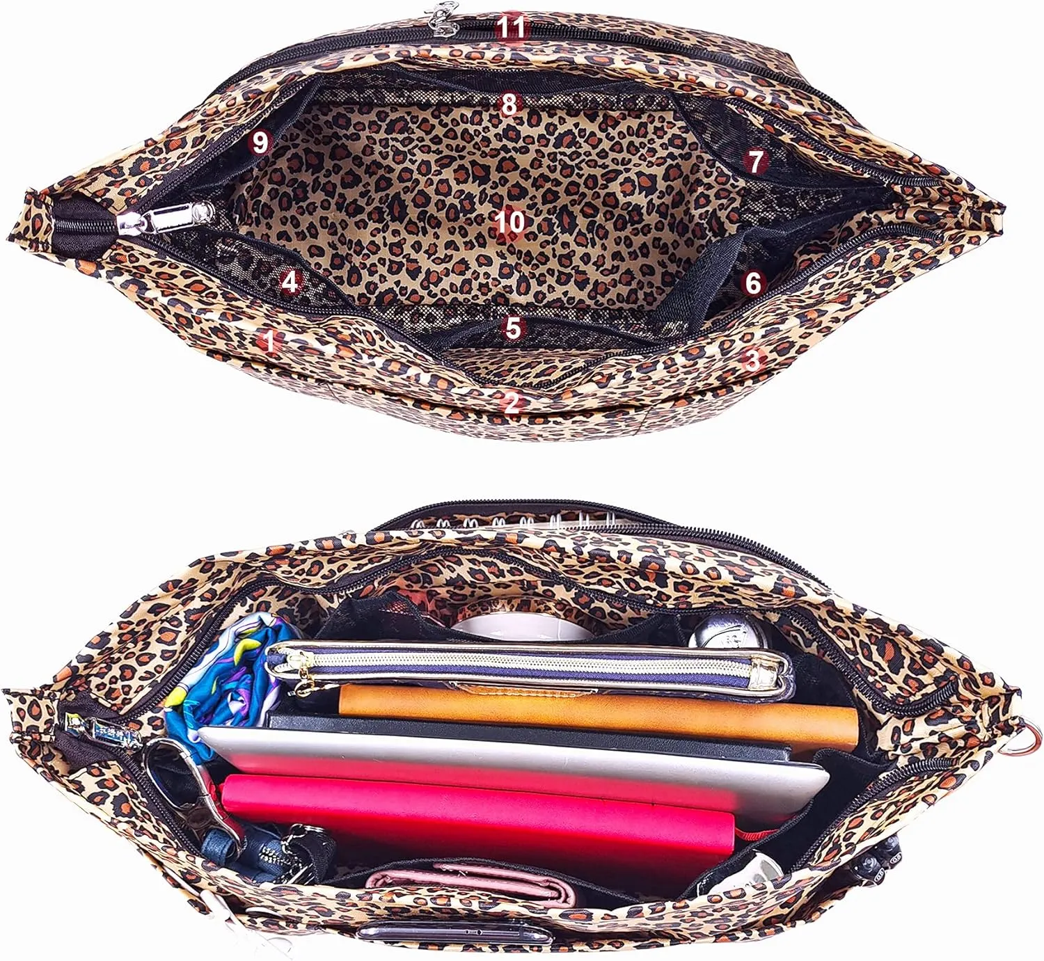Time Wing Handbag Tote Purse Organizer Insert Bag Liner Shaper Divider Zipper 11 Pockets Compartments Small Leopard