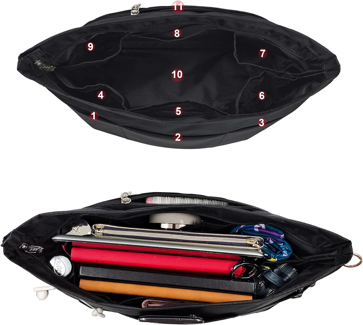 Time Wing Handbag Tote Purse Organizer Insert Bag Liner Shaper Divider Zipper 11 Pockets Compartments X Large Black