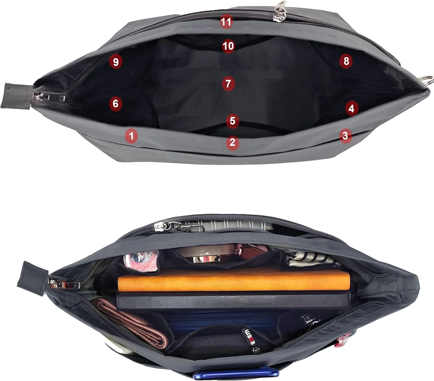 Time Wing Handbag Tote Purse Organizer Insert Bag Liner Shaper Divider Zipper 11 Pockets Compartments X Large Dark Grey