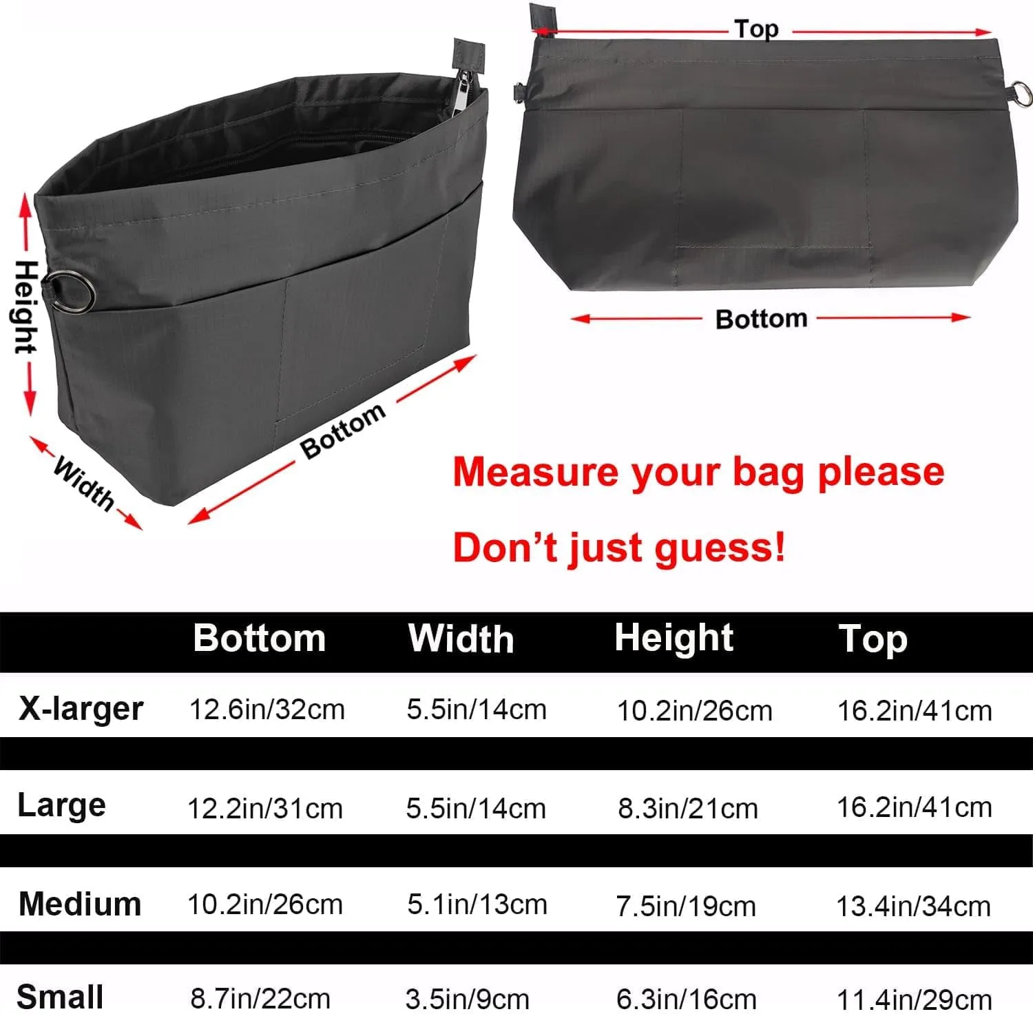 Time Wing Handbag Tote Purse Organizer Insert Bag Liner Shaper Divider Zipper 11 Pockets Compartments X Large Dark Grey