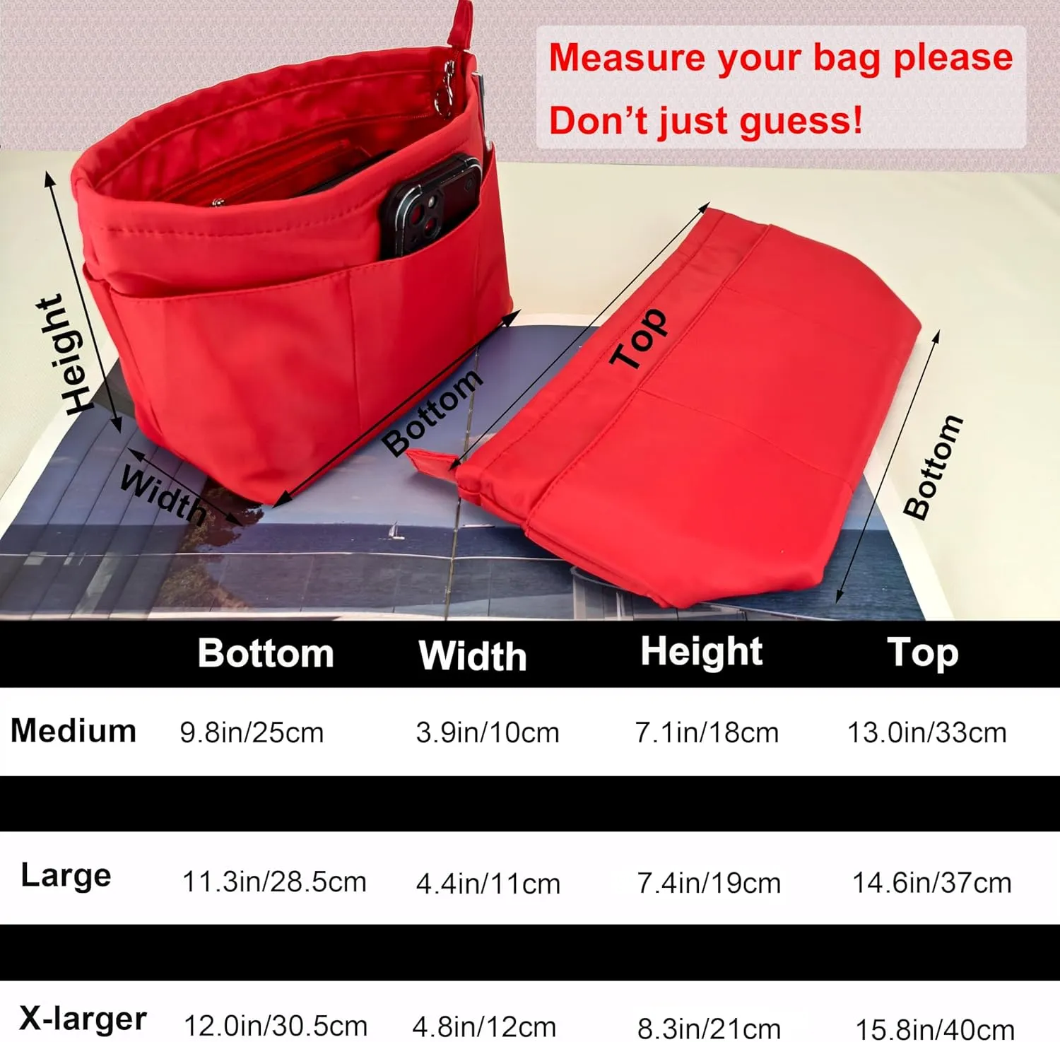 Time Wing Purse Organizer Insert Tote Handbag Organizer Divider Bag in Bag Shaper Liner Multi Pockets Compartments Zippers Key Chain Medium Red
