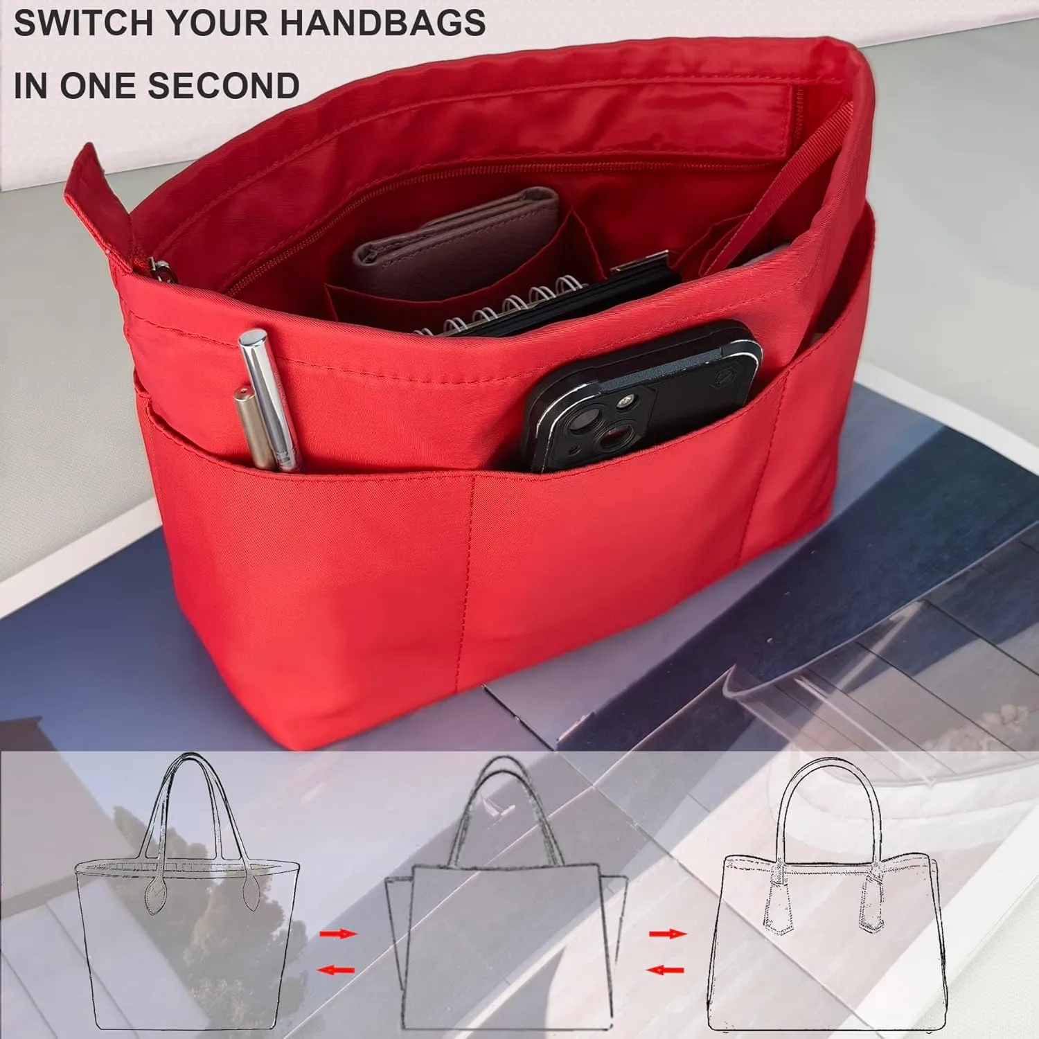 Time Wing Purse Organizer Insert Tote Handbag Organizer Divider Bag in Bag Shaper Liner Multi Pockets Compartments Zippers Key Chain Medium Red