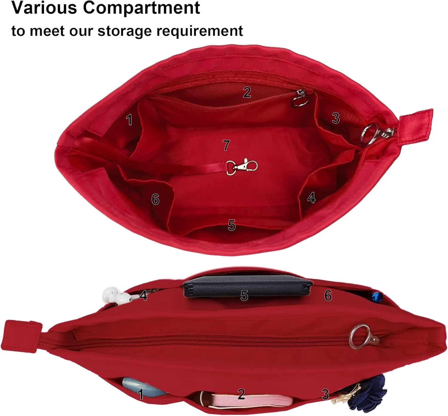 Time Wing Purse Organizer Insert Tote Handbag Organizer Divider Bag in Bag Shaper Liner Multi Pockets Compartments Zippers Key Chain Medium Red