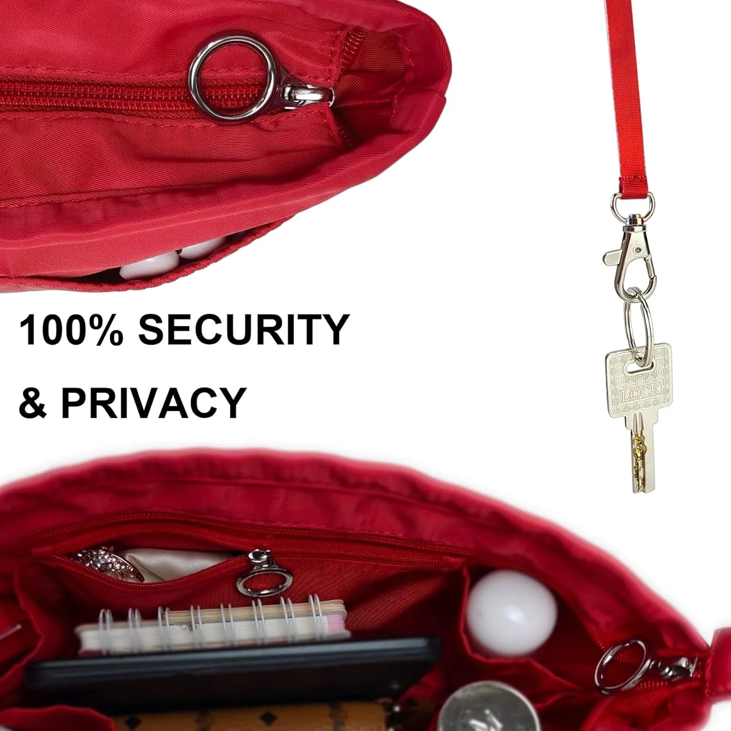 Time Wing Purse Organizer Insert Tote Handbag Organizer Divider Bag in Bag Shaper Liner Multi Pockets Compartments Zippers Key Chain Medium Red