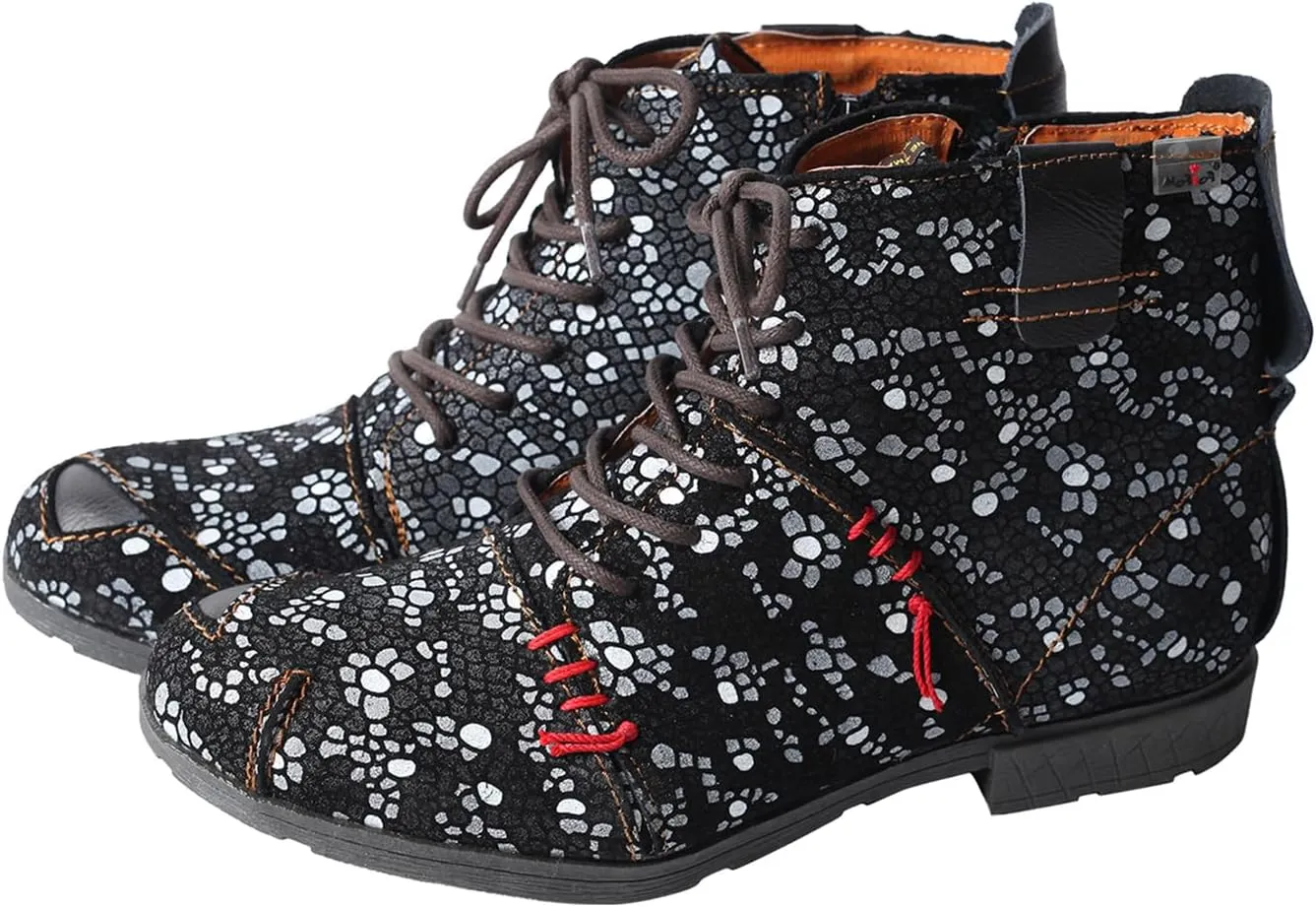 TMA EYES Hand-Stitched Floral-Print Leather Women's Boots