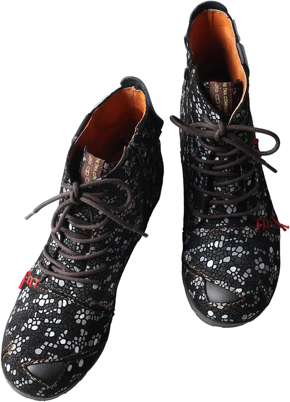 TMA EYES Hand-Stitched Floral-Print Leather Women's Boots