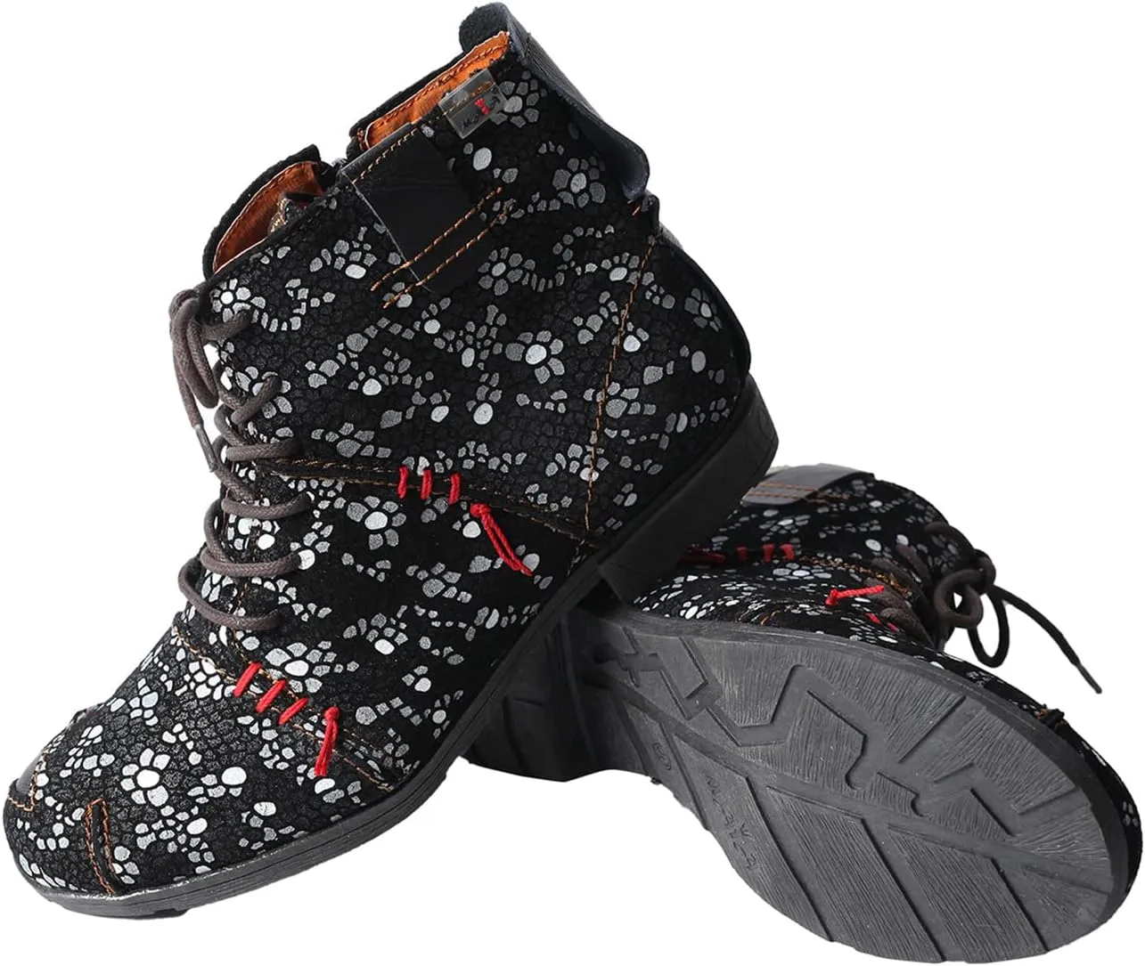 TMA EYES Hand-Stitched Floral-Print Leather Women's Boots