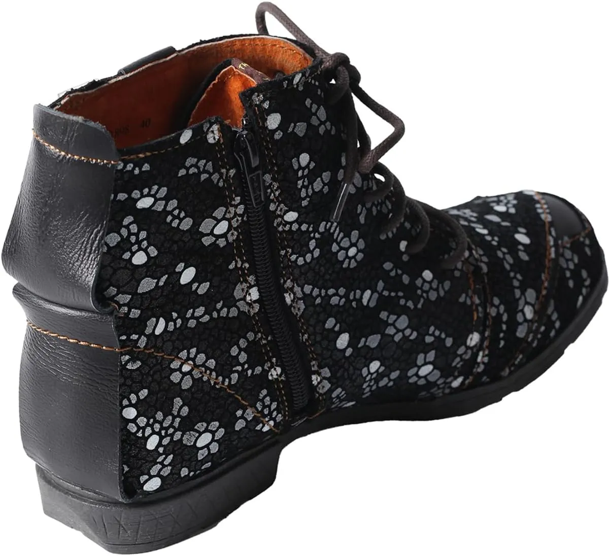 TMA EYES Hand-Stitched Floral-Print Leather Women's Boots