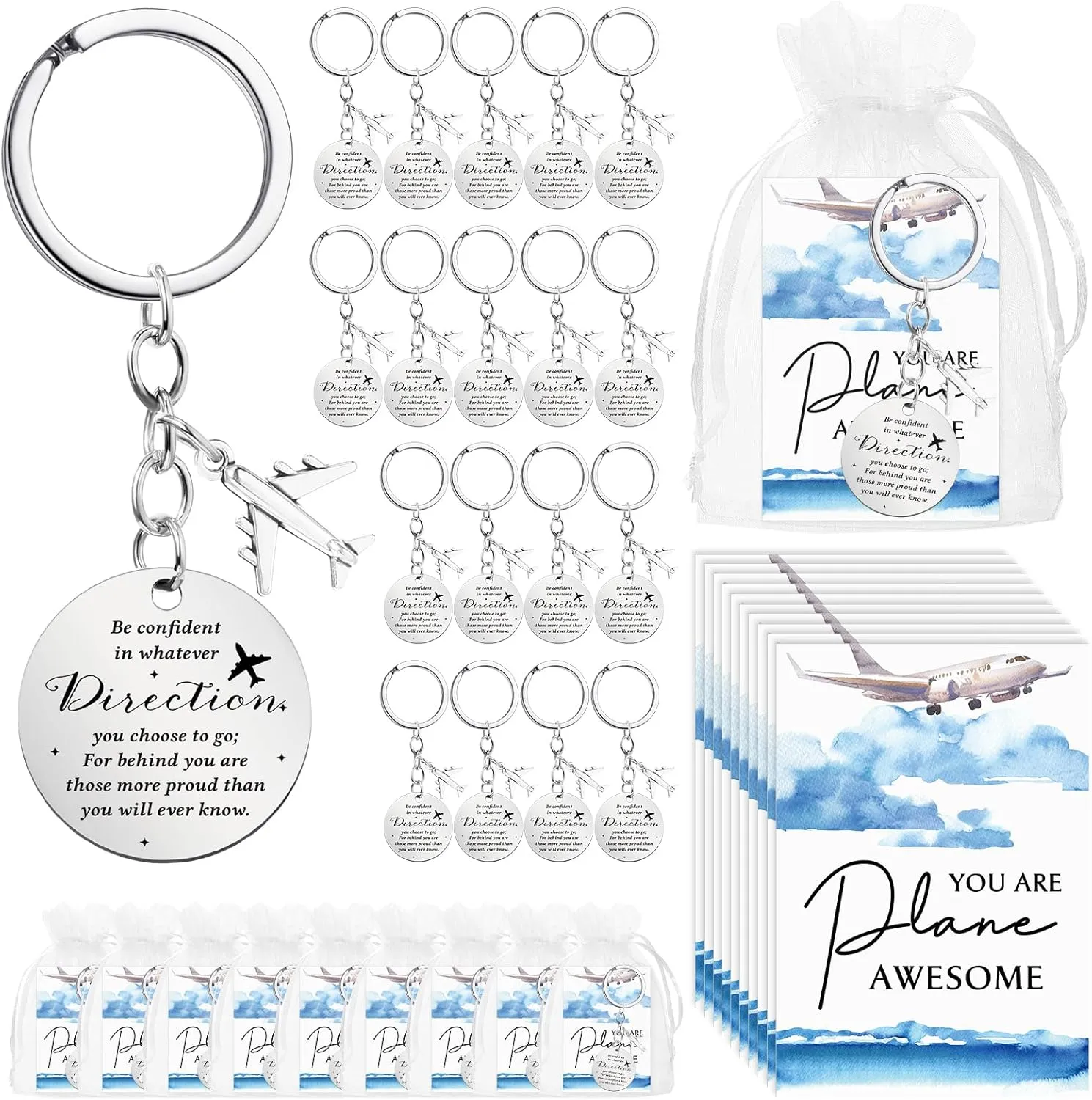 Tondiamo 18 Sets Airplane Party Favors Airplane Keychains Bulk Flight Attendant Gifts with Thank You Cards Organza Bags Travel Adventure Party Favor Employee Appreciation Gifts for Pilot Aviation