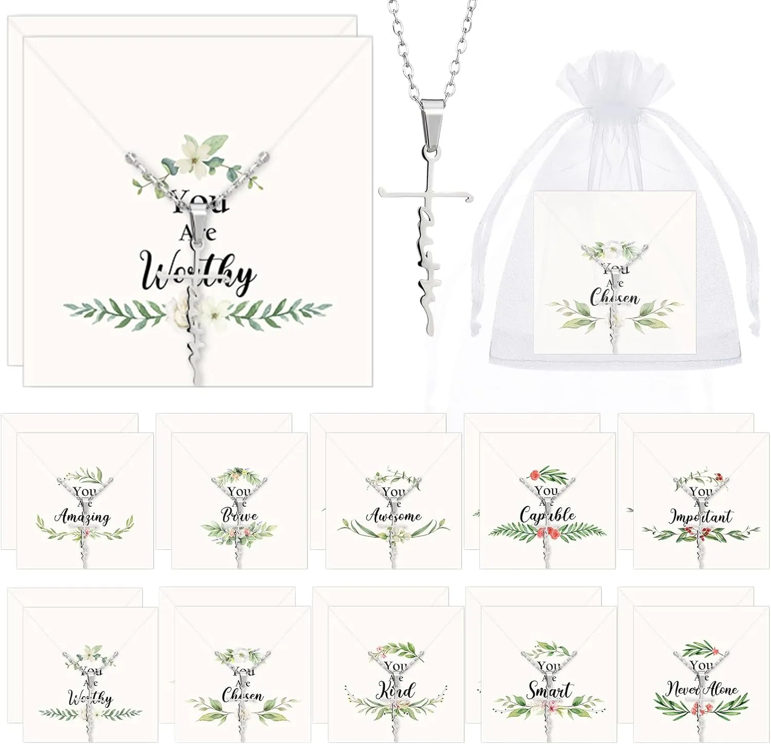 Tondiamo 20 Sets Christian Gifts for Women Christian Faith Cross Necklace for Women Religious Jewelry Gifts with Inspirational Quote Cards and Organza Bags for Church Woman Party Favors