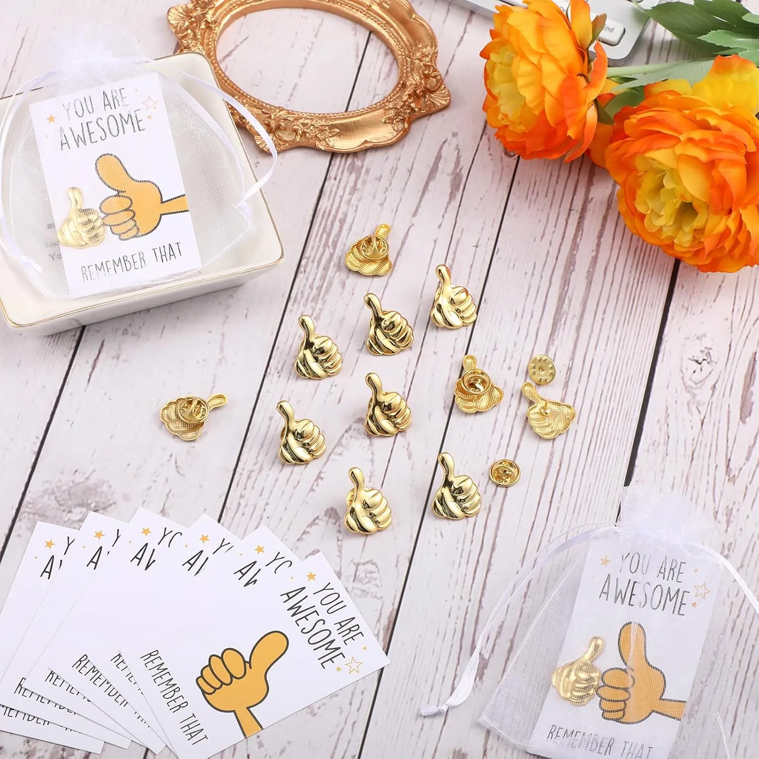 Tondiamo 40 Sets Employee Appreciation Gifts Bulk Inspirational Thumbs up Lapel Pins with Thank You Cards Organza Bags Recognition Gifts for Coworker Staff Teacher Team Employee of the Month Pin