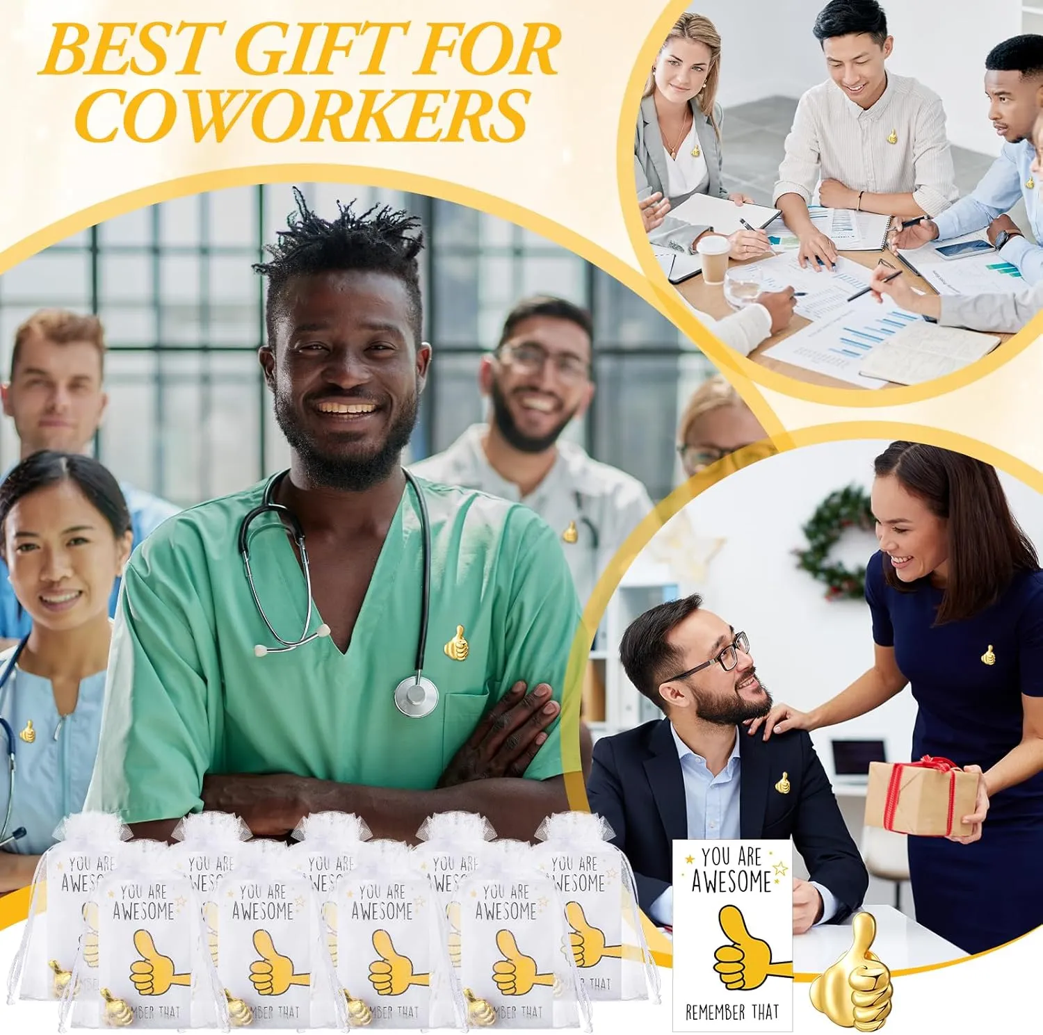 Tondiamo 40 Sets Employee Appreciation Gifts Bulk Inspirational Thumbs up Lapel Pins with Thank You Cards Organza Bags Recognition Gifts for Coworker Staff Teacher Team Employee of the Month Pin