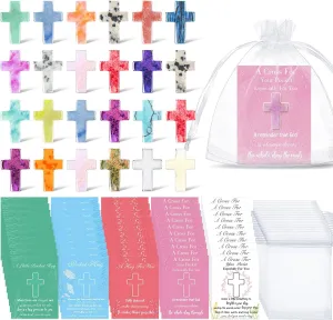 Tondiamo 60 Sets Pocket Hug Token Gift Bulk,Cross Worry Gemstone Gift for Fathers Day,Graduation,0.8 in Natural Cross Stones,Hug Cards and Organza Bags for Christians,Church Visitors,Pastor,Patients