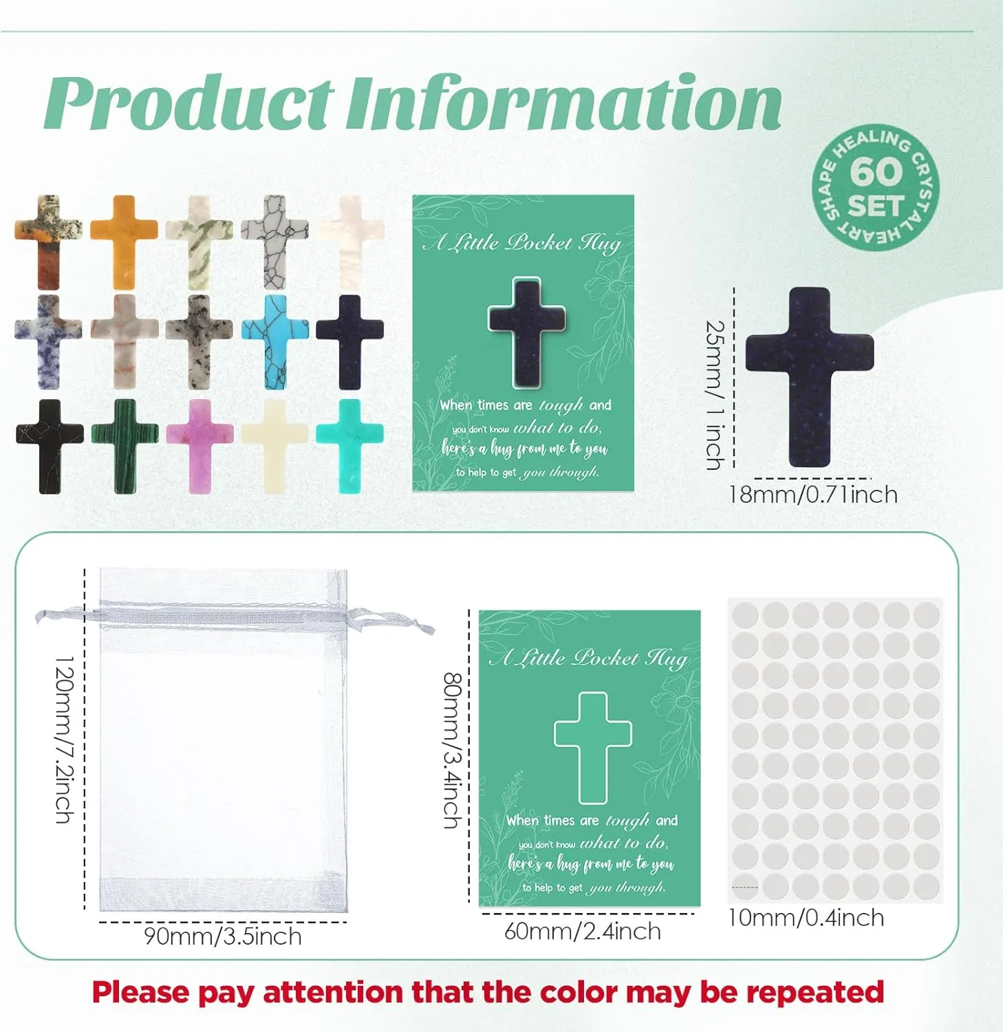 Tondiamo 60 Sets Pocket Hug Token Gift Bulk,Cross Worry Gemstone Gift for Fathers Day,Graduation,0.8 in Natural Cross Stones,Hug Cards and Organza Bags for Christians,Church Visitors,Pastor,Patients