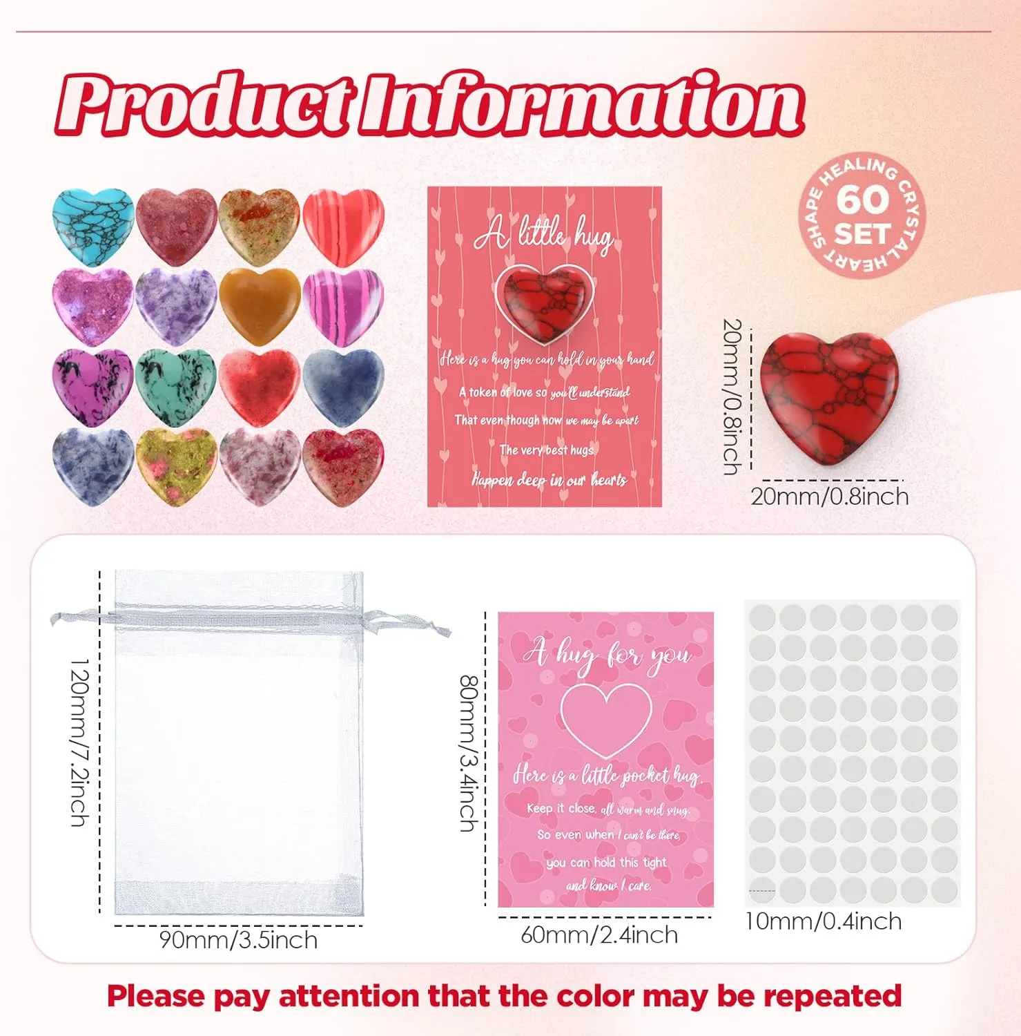 Tondiamo 60 Sets Pocket Hug Token Gift Bulk,Heart Worry Gemstone Gift for Fathers Day,Graduation,0.8 in Natural Heart Stones,Hug Cards and Organza Bags for Mom,Dad,Teacher,Coworker,Loss of Loved One