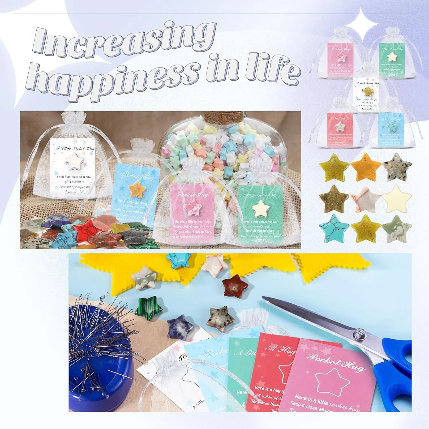 Tondiamo 60 Sets Pocket Hug Token Gift Bulk,Star Worry Gemstone Gift for Fathers Day,Graduation,0.8 in Natural Star Stones,Hug Cards and Organza Bags for Friends,Patient,Employee,Classmate