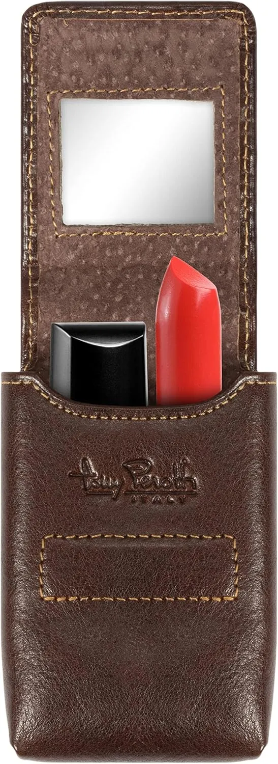 Tony Perotti Womens Italian Bull Leather Top Flap Double Lipstick Case with Mirror